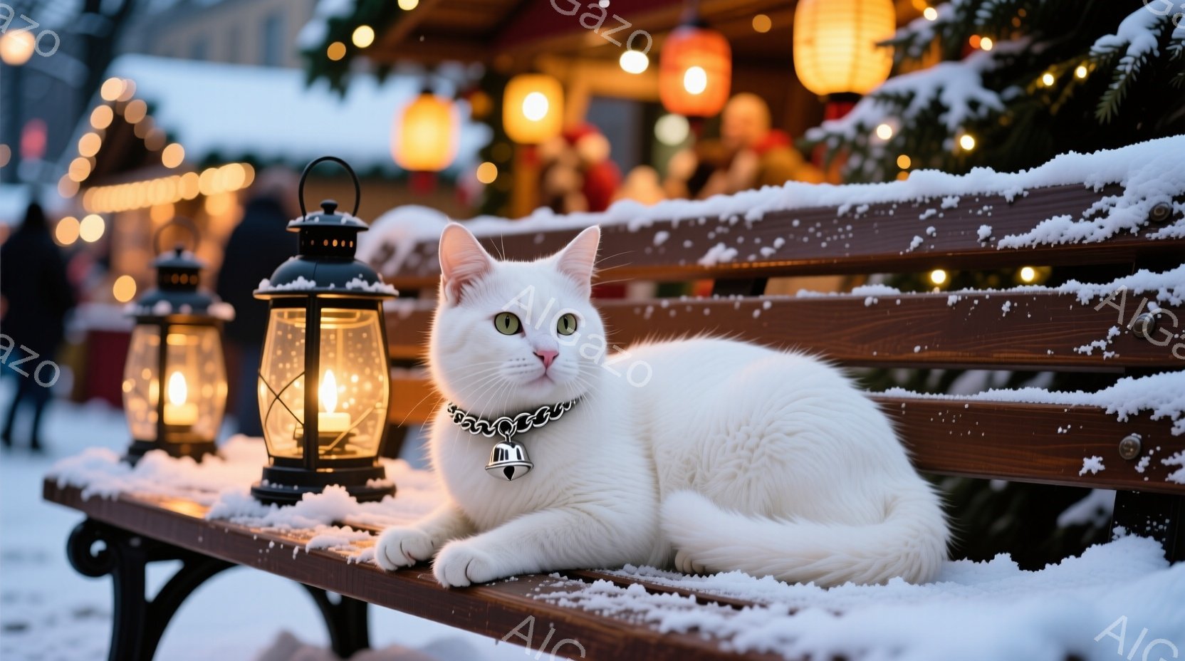 白い猫が雪の積もった木製のベンチに座っており、首にはベルのついた首輪をつけている。背景にはぼんやりとクリスマスマーケットのような賑やかな光景が広がり、雪が舞う冬の夜の穏やかな雰囲気が漂っている。キャン - AI生成フリー素材