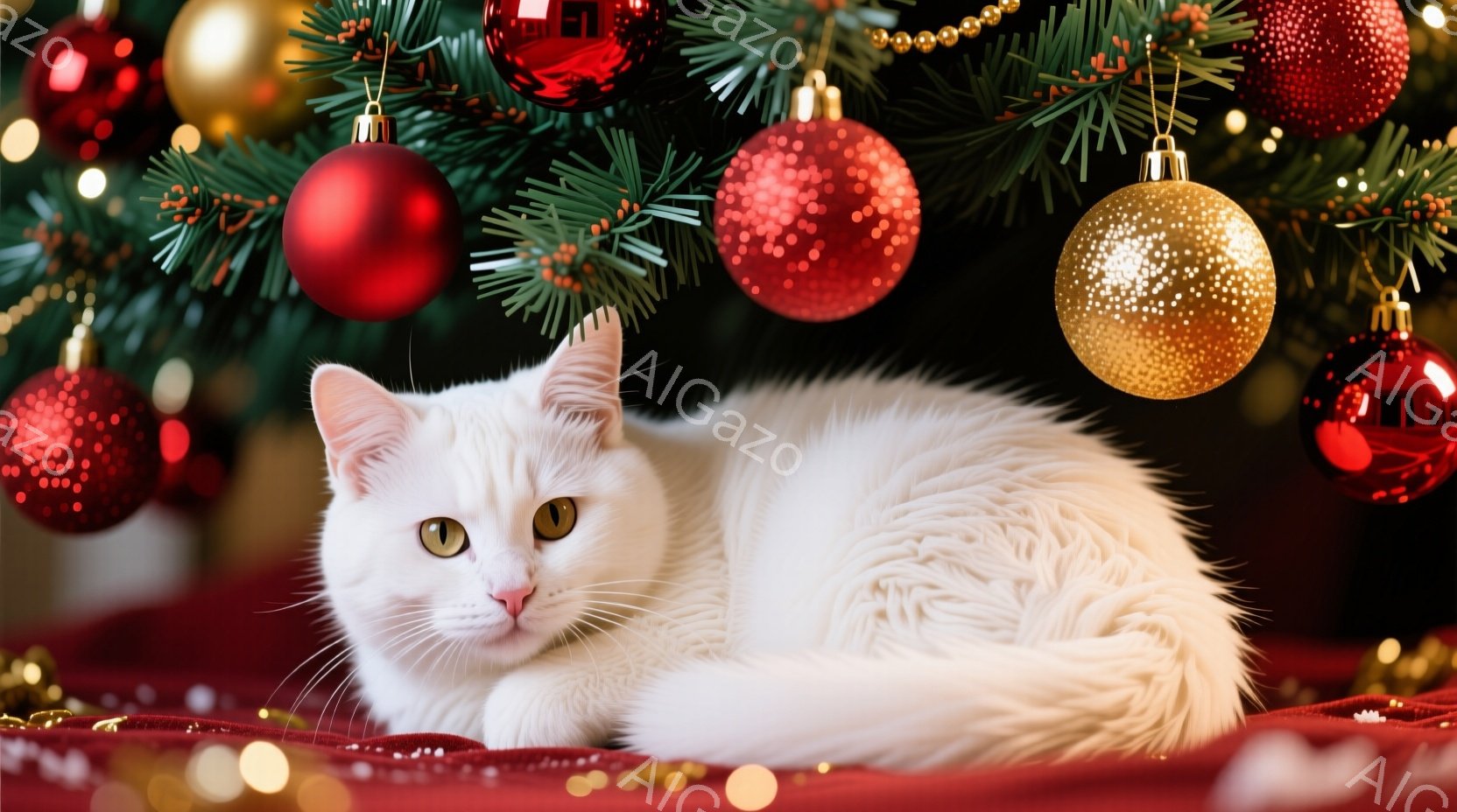 白い猫が赤い毛布の上に横たわっており、薄い茶色の目をして、リラックスした表情をしています。背景には、赤い、金色の、キラキラしたクリスマスオーナメントで飾られた緑のクリスマスツリーがあり、背景はぼやけています。全体的に、暖かく、お祝いの雰囲気で、猫は休んでいるようです。