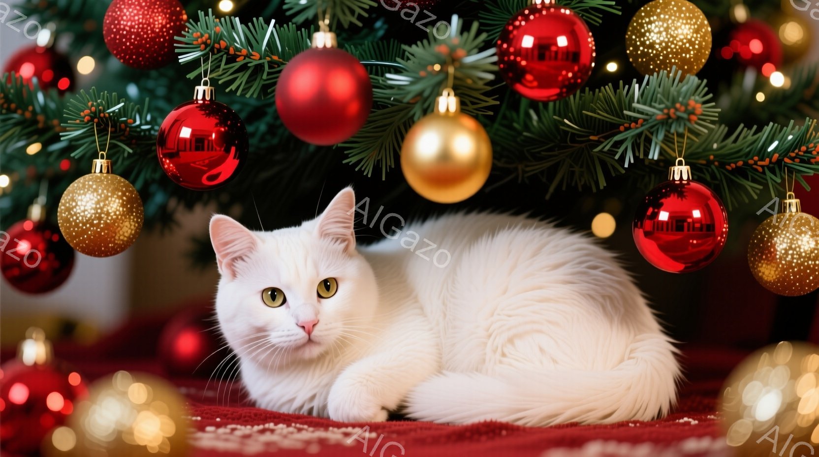 白い毛並みの猫が、赤い敷物の上に横たわっています。猫は緑のクリスマスツリーの前にいて、様々な色のクリスマスオーナメントに囲まれています。全体的に暖かく、お祝いムードに満ちた雰囲気です。