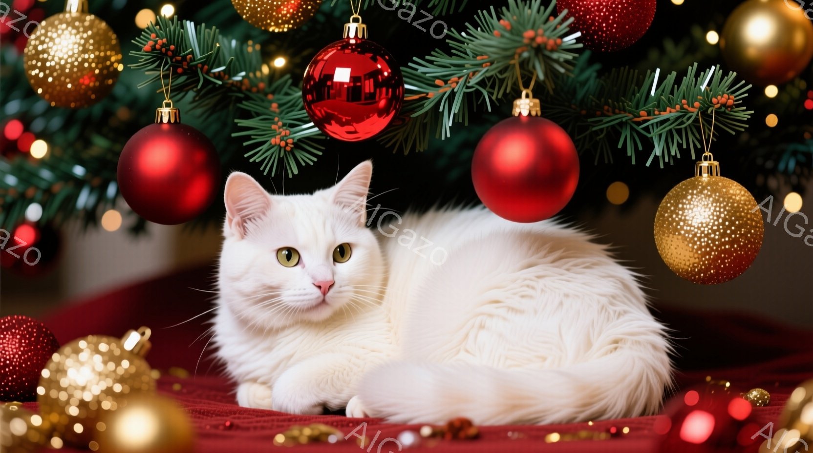 白い猫が赤い背景とクリスマスの飾りの中に横たわっています。猫は穏やかな表情で、リラックスした姿勢で、周囲の輝くオーナメントと緑の葉に囲まれています。 全体的に、暖かく、お祝いの雰囲気で、冬の休日の喜び - AI生成フリー素材
