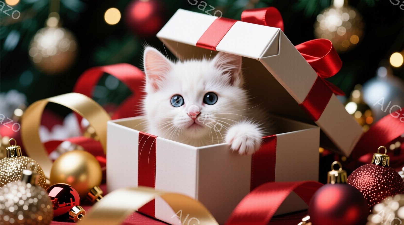 白い子猫が赤いリボンで飾られた白いギフトボックスの中から顔を出しています。子猫は青い目を輝かせ、片手を箱の縁にかけ、好奇心と遊び心に満ちた表情をしています。背景には、赤い金色のオーナメントが散りばめら - AI生成フリー素材