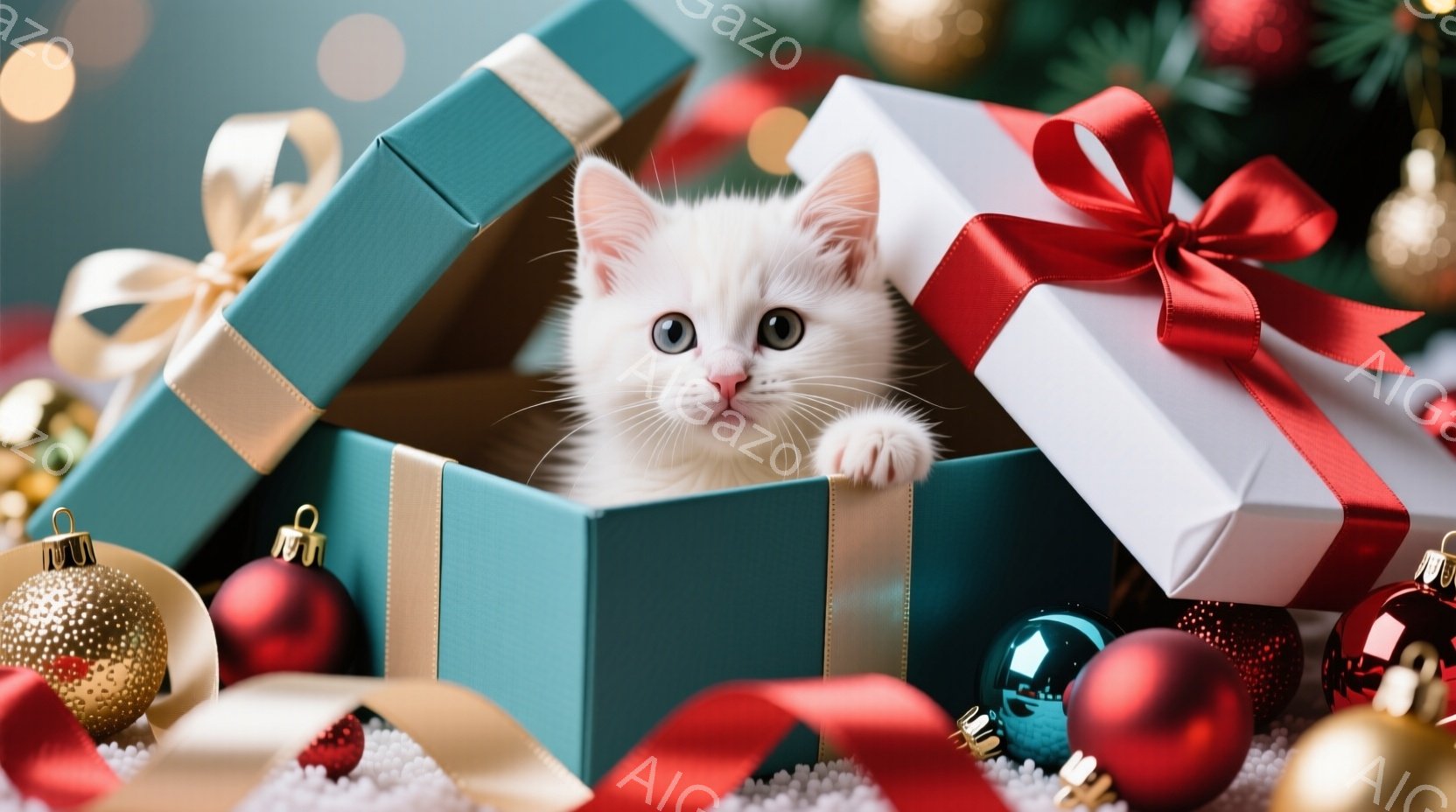 白い子猫がターコイズブルーと白のギフトボックスの中に座っており、片手を箱の縁につけてこちらを見ています。背景には、赤や金色のクリスマスオーナメント、そしてきらめく雪が散りばめられており、温かくお祝いの - AI生成フリー素材