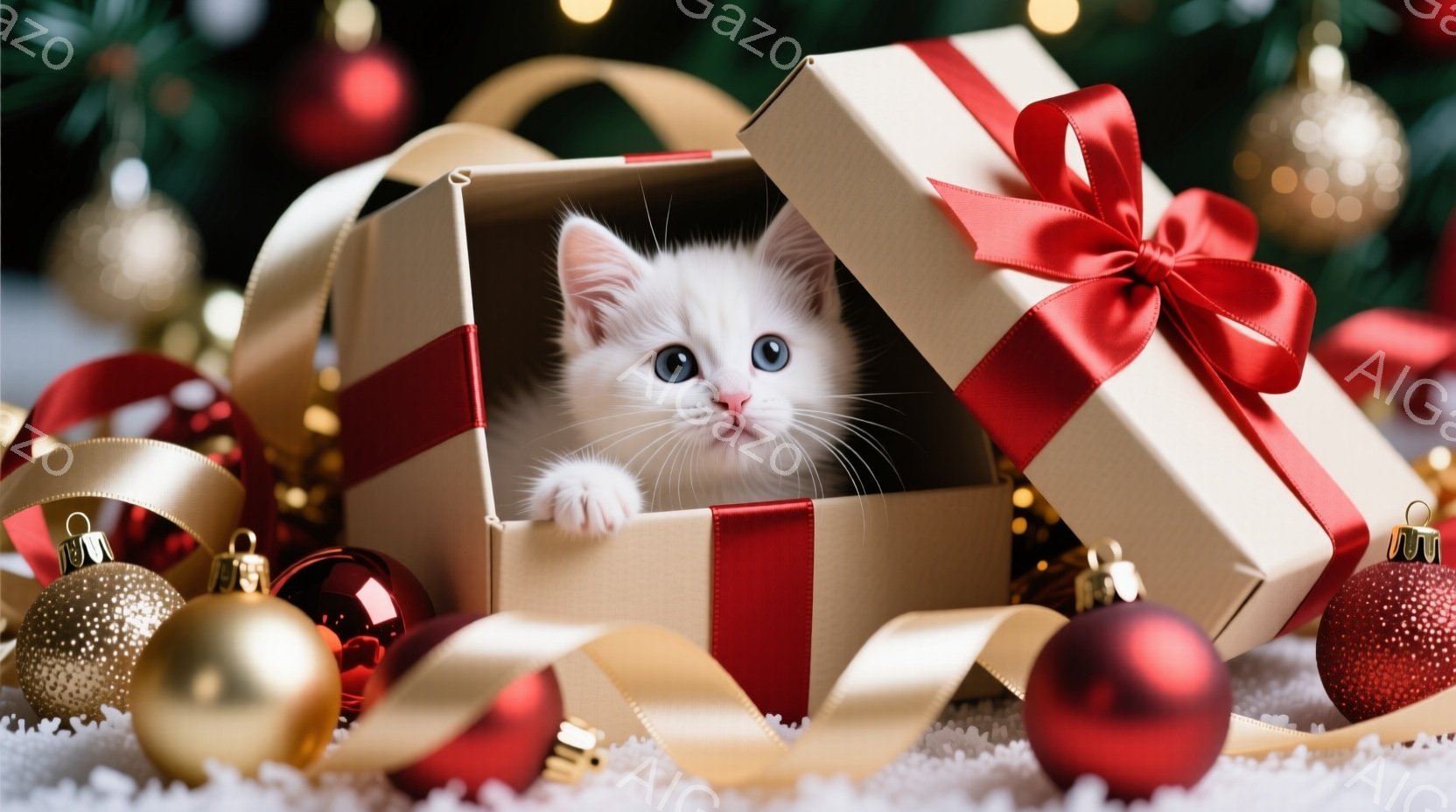 白い子猫が赤いリボンで結ばれた開いたギフトボックスの中からこちらを見ています。子猫は箱の中に前足を伸ばし、好奇心と遊び心にあふれた表情をしています。背景には、赤い、金色の、そしてキラキラと輝くクリスマ - AI生成フリー素材