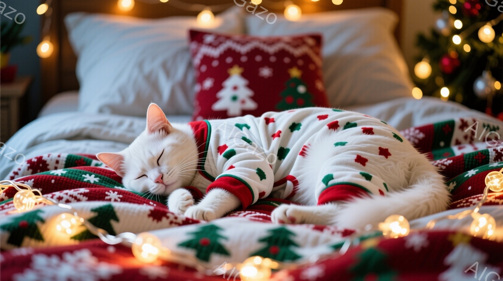 白い猫が、クリスマス柄の赤いセーターを着てベッドの上で丸まって眠っています。セーターには緑のクリスマスツリーと赤い星の模様があり、猫の白い毛並みとのコントラストが可愛らしいです。ベッドにはクリスマスツ - AI生成フリー素材