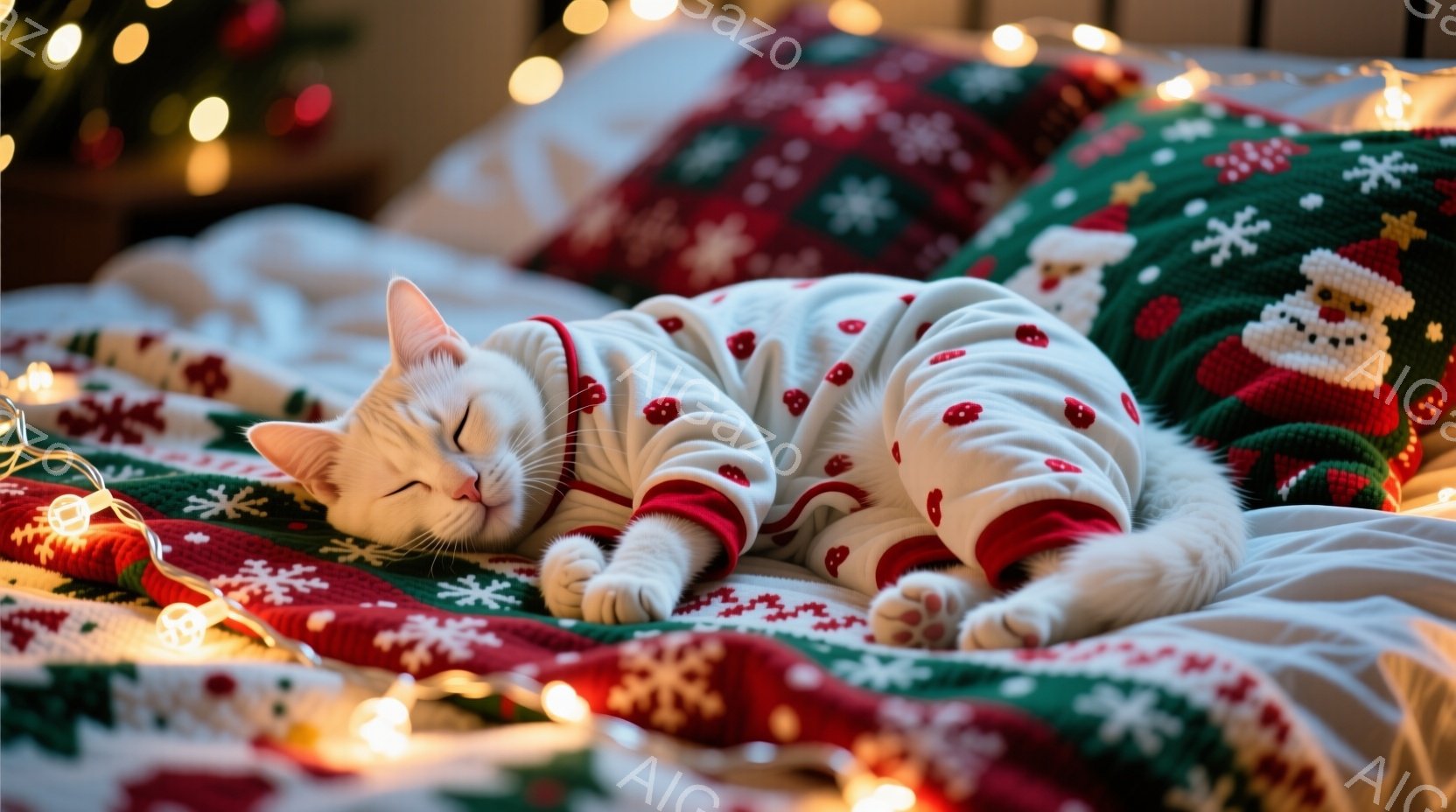 白い猫が赤い縁取りの白いクリスマス柄の衣装を着て、緑と赤のニットブランケットの上に横たわっています。猫は目を閉じてリラックスした表情で、四肢を伸ばして快適そうに眠っています。背景にはぼやけたクリスマス - AI生成フリー素材