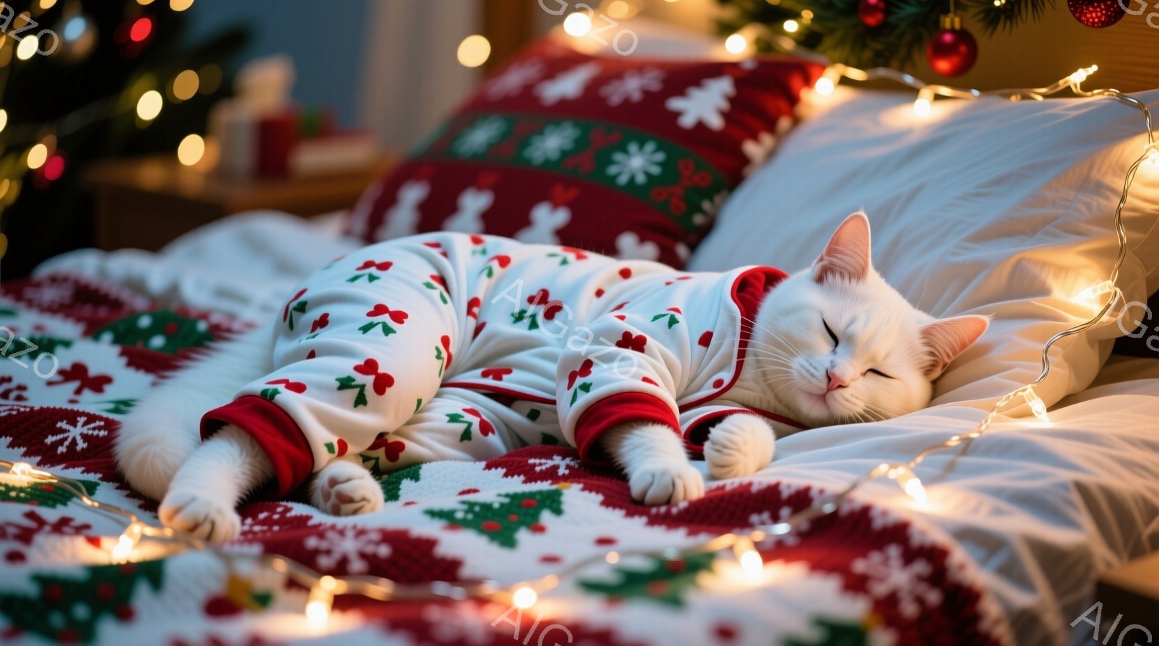 白い猫が赤いチェリー柄のパジャマを着て仰向けに寝ています。パジャマは足元が赤く、全体的に暖かそうな印象を与えます。背景には、クリスマスツリーやキラキラ光るライトが見え、ホリデーシーズンの心地よい雰囲気 - AI生成フリー素材