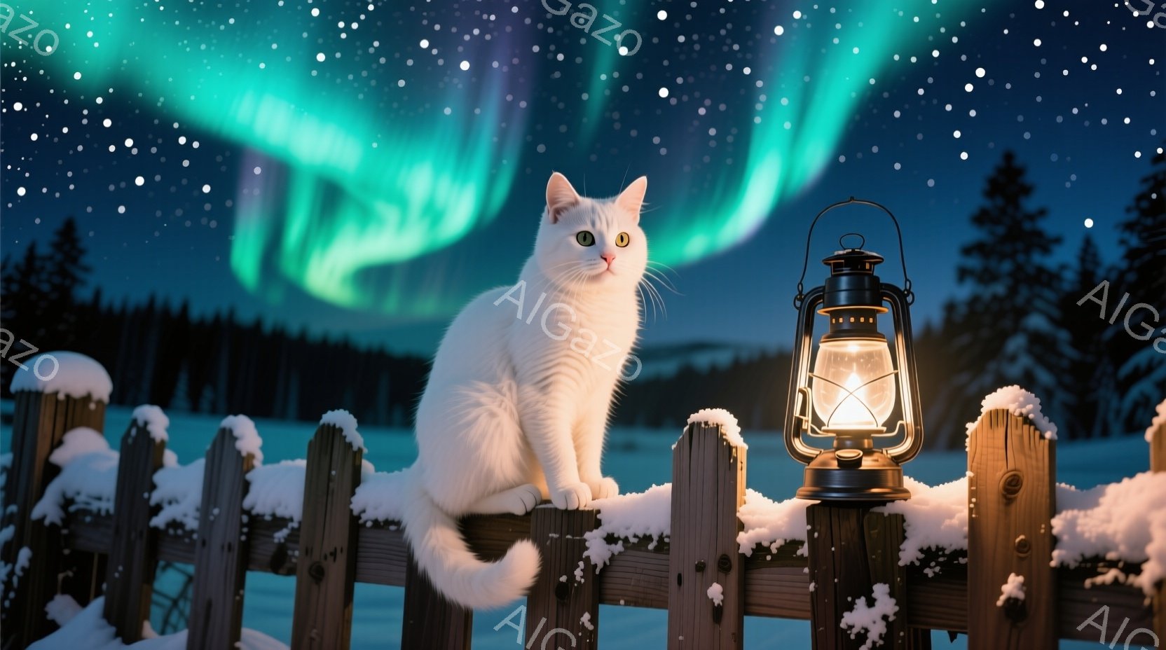 白い猫が雪積もった木の柵の上に座り、正面を見つめている。背景には緑と紫色のオーロラが広がり、遠くには暗い森が広がっている。温かい光を放つランタンが猫の横に置かれ、冬の夜の静かで幻想的な雰囲気を醸し出し - AI生成フリー素材