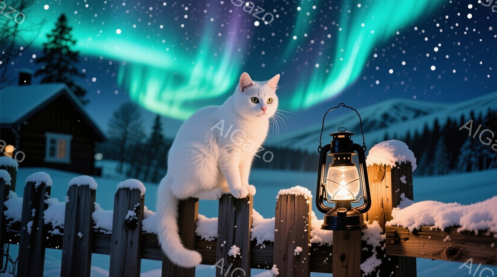 白い猫が雪に覆われた木のフェンスに座ってこちらを見ており、その姿は優雅で静かです。背景には、暖かい光を放つ小さな家と、オーロラが輝く夜空が広がり、雪景色と相まって幻想的な雰囲気を醸し出しています。灯り - AI生成フリー素材