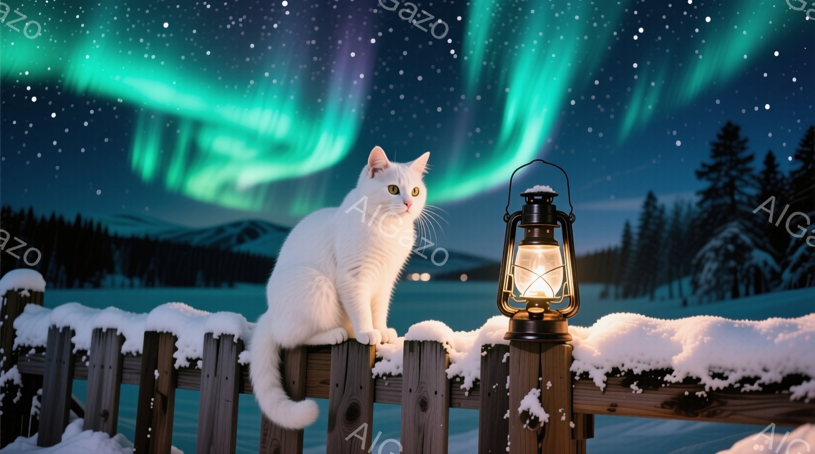 白い猫が雪に覆われた木製の柵の上に座り、前方を静かに見つめている。背景には暗い森と、夜空に広がる緑色のオーロラが幻想的な光景を作り出している。雪景色とオーロラの組み合わせが、静寂で神秘的な冬の雰囲気を - AI生成フリー素材