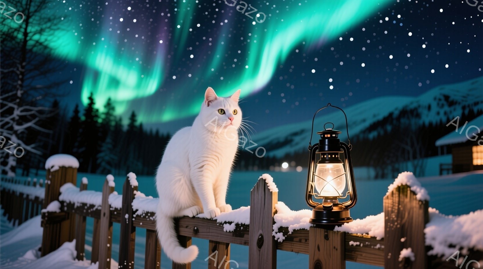 白い猫が雪に覆われた木の柵の上に座り、遠くの山々とオーロラを見つめている。古いランタンが柵の近くに置かれ、柔らかい光を放ち、周囲の雪景色を照らしている。背景には、雪をまとった建物や木々が見え、幻想的で - AI生成フリー素材