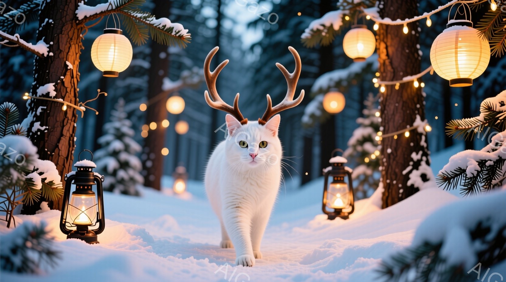白い猫が雪景色の中で、まるでトナカイのように角を付けて歩いている。背景には雪に覆われた木々と、温かい光を放つランタンが並び、幻想的な雰囲気を醸し出している。雪が降り積もる静かな森の中で、猫は好奇心と自 - AI生成フリー素材