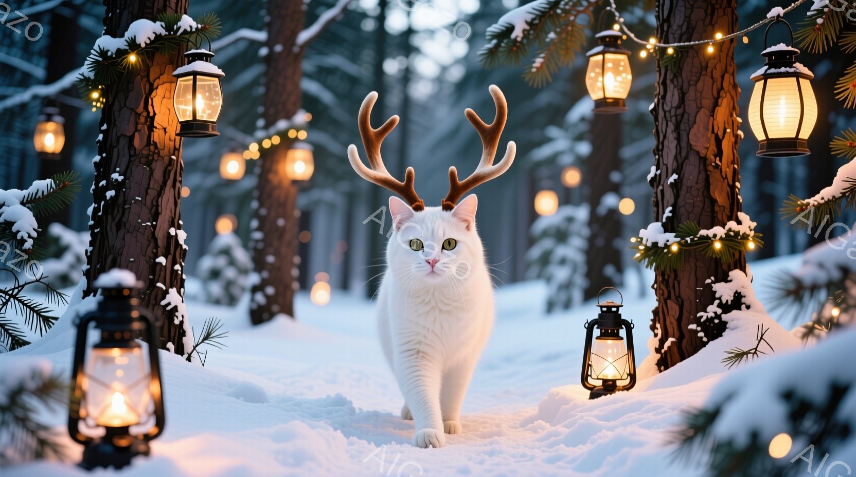 白い猫が、まるでトナカイのような角を付けて雪景色の中を堂々と歩いている。背景には雪を被った木々が立ち並び、クリスマスの飾り付けのような灯りが幻想的な雰囲気を醸し出している。雪は降り積もり、全体的に温かく、おとぎ話のような冬の景色が広がっている。