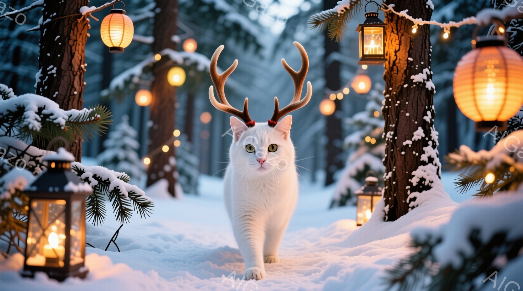 白い猫が、まるでトナカイのように角を付けて雪の中を歩いている。背景には雪に覆われた木々が立ち並び、暖かく光るランタンが幻想的な雰囲気を醸し出している。雪の降る森の中で、猫は穏やかで神秘的な存在感を放っ - AI生成フリー素材