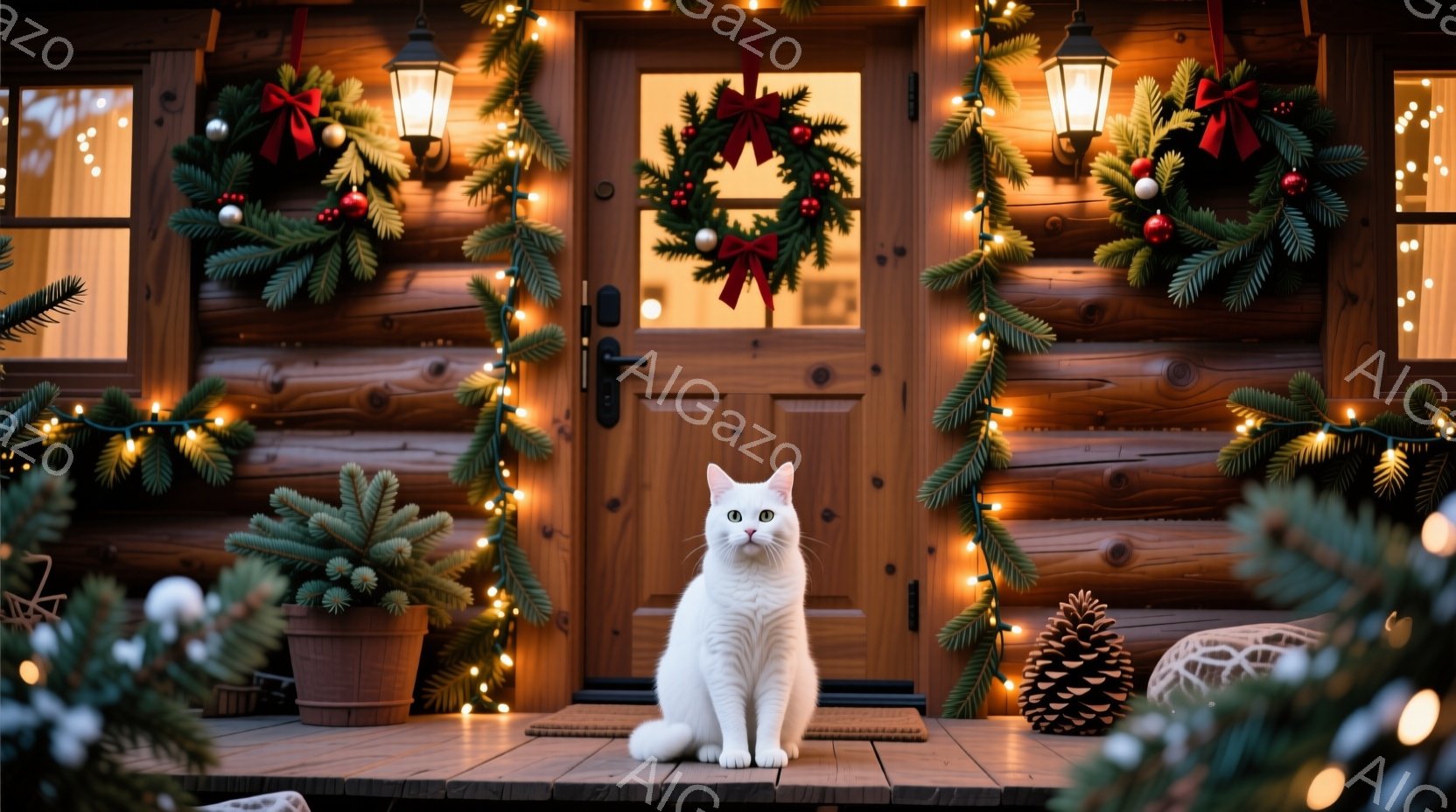 白い猫が木の板張りの家の正面玄関で座っており、クリスマスの飾り付けが施された玄関口を見つめている。玄関にはクリスマスリースが飾られ、電飾が輝き、周囲には緑の植物が配置されている。全体的に暖かく、穏やか - AI生成フリー素材