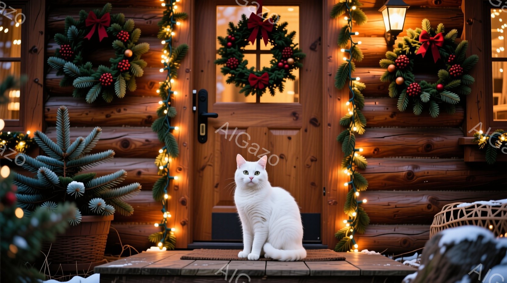白い猫が木のドアの前で座っており、クリスマスの飾り付けが施された玄関ポーチにいます。ドアには松冠が飾られ、温かい光のイルミネーションが周囲を彩っています。背景は木造の家で、冬の穏やかな雰囲気を感じさせ - AI生成フリー素材