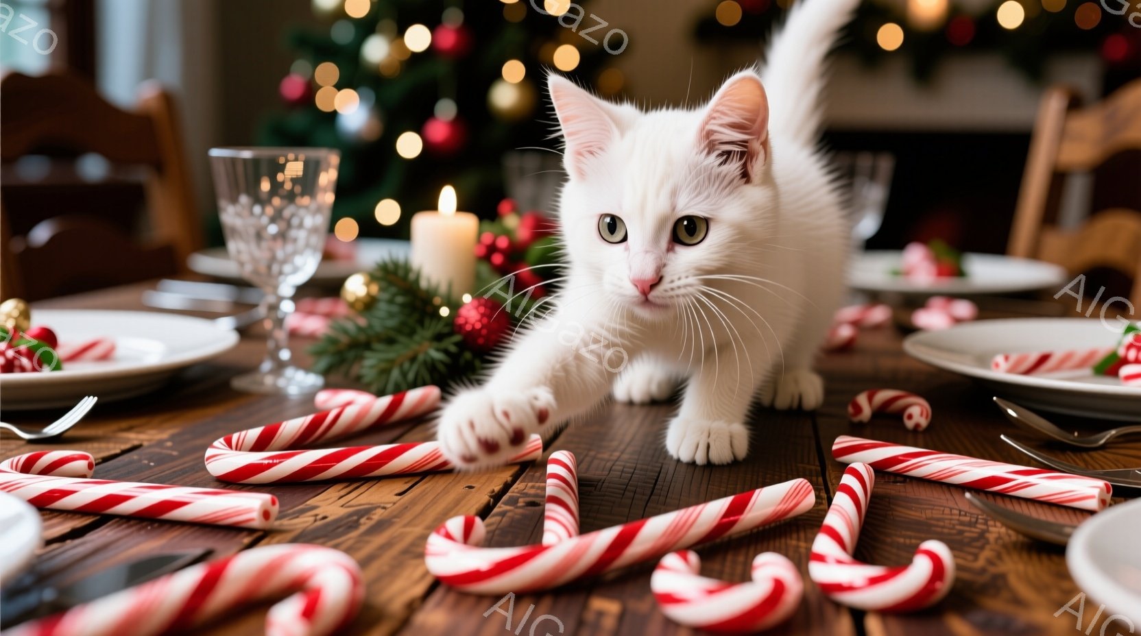 茶色い木のテーブルの上には、赤と白のキャンディケーンが散らばっており、クリスマスの装飾が背景に見えます。白い子猫がテーブルの上で前足を伸ばして遊んでおり、興味深そうな表情をしています。背景はぼやけてい - AI生成フリー素材