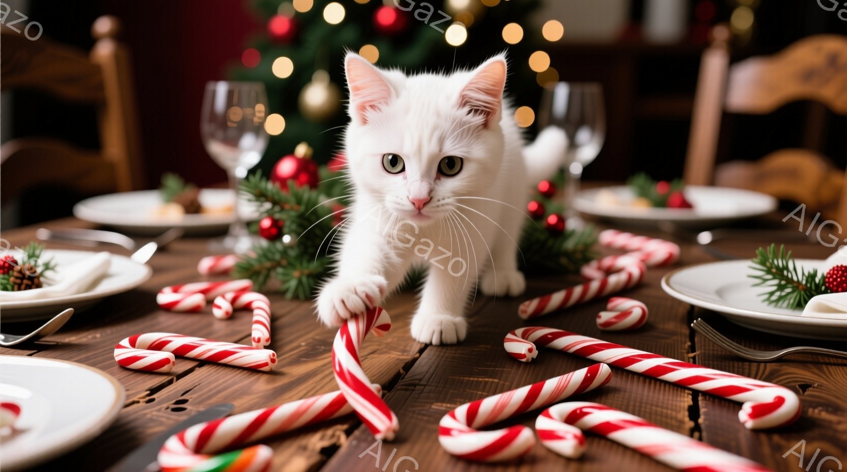 白い子猫がクリスマスをテーマにしたテーブルの上を歩いています。テーブルにはキャンディケーンやクリスマスの装飾が散らばっており、背景にはぼやけたクリスマスツリーが見えます。全体的に暖かく、お祝いの雰囲気 - AI生成フリー素材