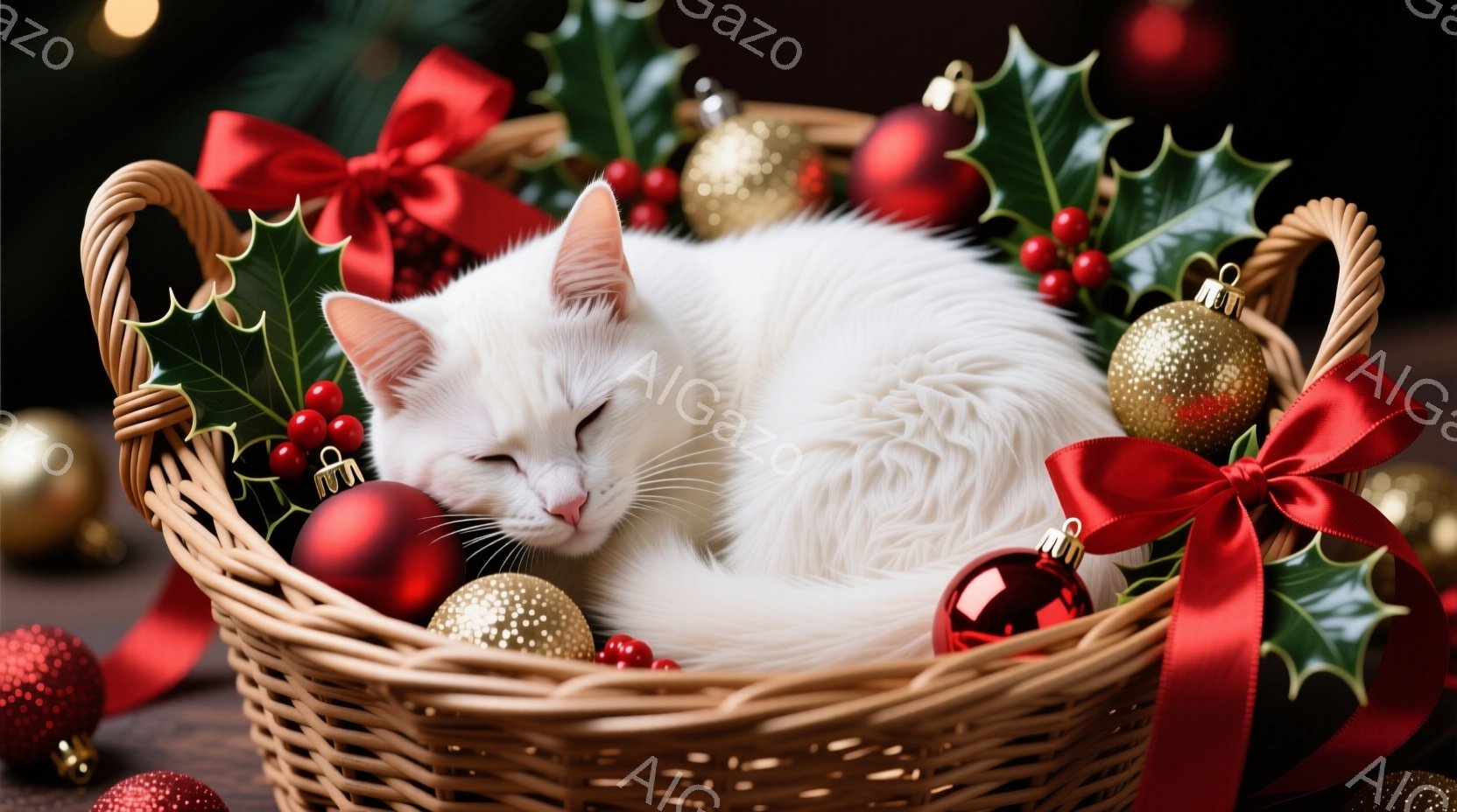 白い猫が編まれたバスケットの中に丸まって眠っています。バスケットの周りには、赤いリボンと装飾が施されたクリスマスオーナメントやホーリーが散りばめられ、温かくお祝いムードを演出しています。背景はぼかされ - AI生成フリー素材