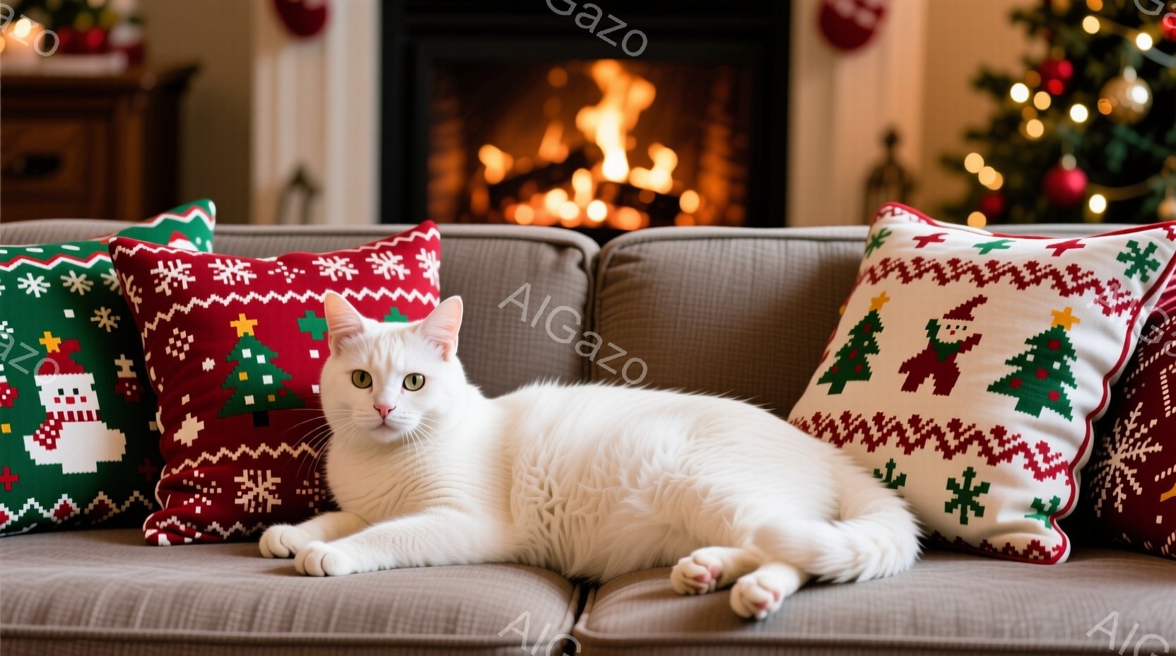 白い猫が、クリスマス柄のクッションに囲まれた灰色のソファでリラックスして横たわっています。背景には暖炉があり、火が燃えて暖かさを感じさせ、クリスマスツリーのぼんやりとした光がクリスマスシーズンであることを示唆しています。全体的に、温かく、居心地の良い、お祝いの雰囲気です。