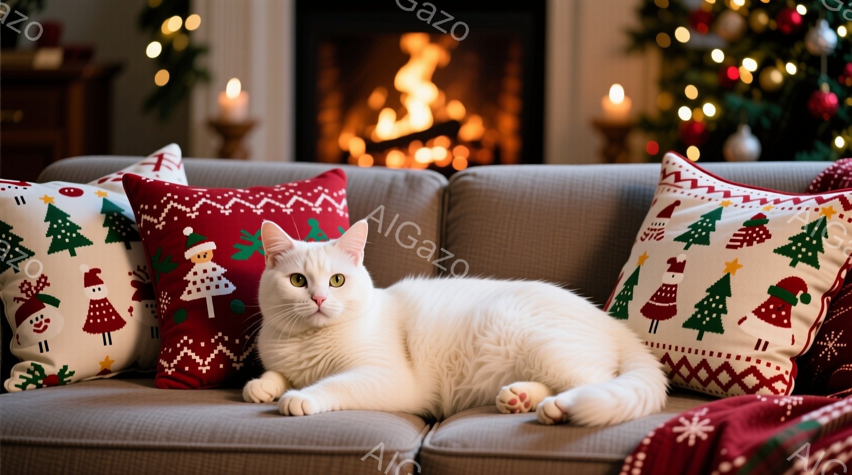 白い猫がクリスマスの柄のクッションに囲まれた灰色のソファでくつろいでいます。猫はリラックスした姿勢で横たわり、少しだけカメラ目線で、穏やかな表情をしています。背景には暖炉があり、オレンジ色の炎が灯り、 - AI生成フリー素材