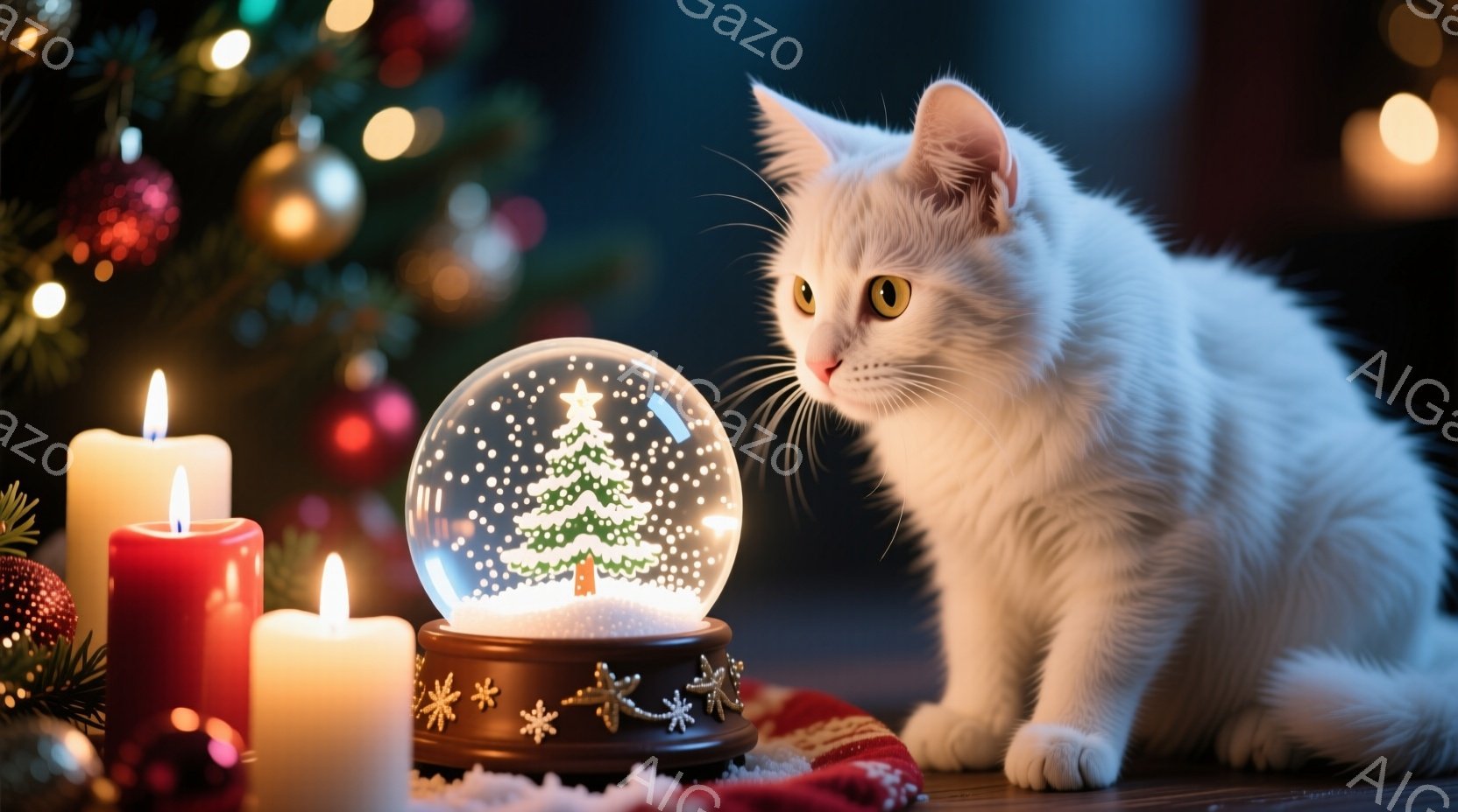 白い猫が、クリスマスツリーが入ったスノーグローブを見つめています。背景にはぼやけたクリスマスツリーのライトと、赤いテーブルクロス、そして点灯したキャンドルが暖かく優しい雰囲気を醸し出しています。雪が少 - AI生成フリー素材