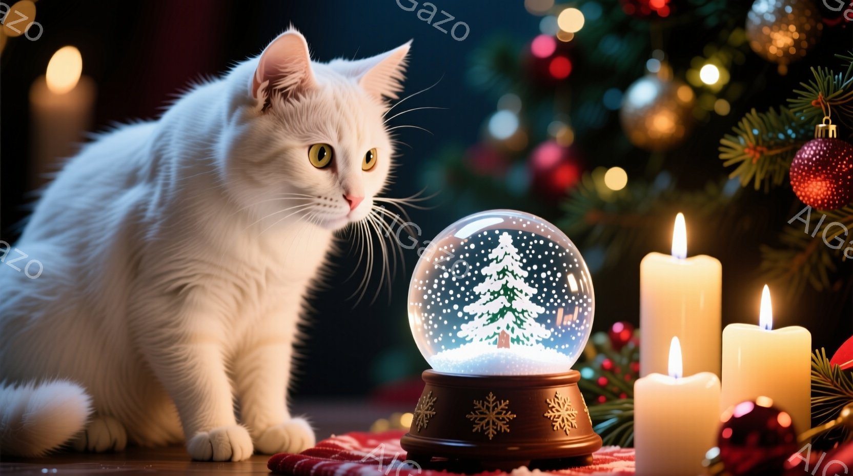 白い毛並みの猫が、雪の降るクリスマスのオーナメントであるスノーグローブをじっと見つめている。暖かく優しい光を放つキャンドルが数本、オーナメントの隣に置かれ、背景にはぼやけたクリスマスツリーの飾りが見え - AI生成フリー素材