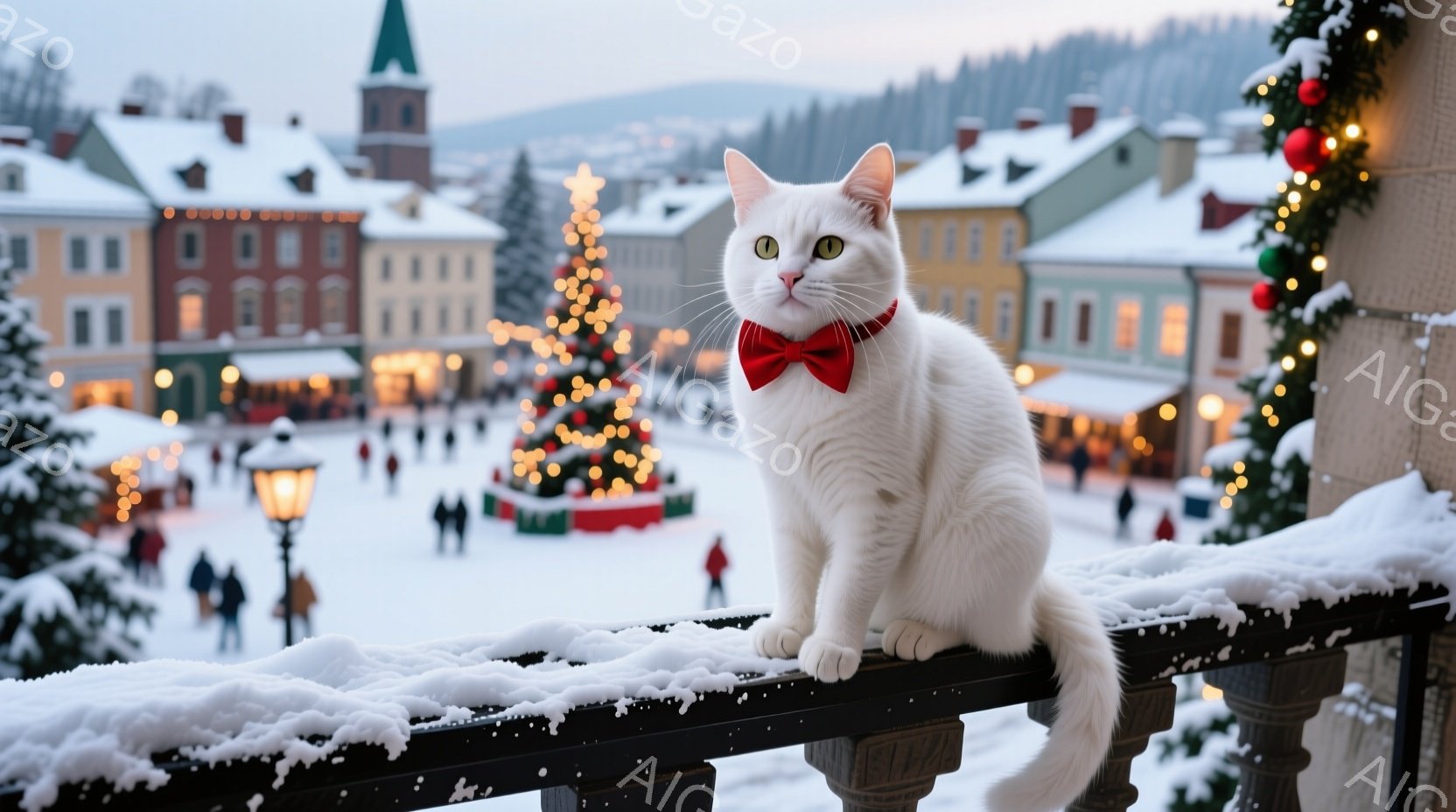 白い猫が、黒い柵の上で優雅に座っており、赤い蝶ネクタイを締めています。背景には、雪に覆われた建物が立ち並び、クリスマスツリーが飾られた賑やかな街並みが広がっています。全体的に暖かく、お祝いムードに包ま - AI生成フリー素材