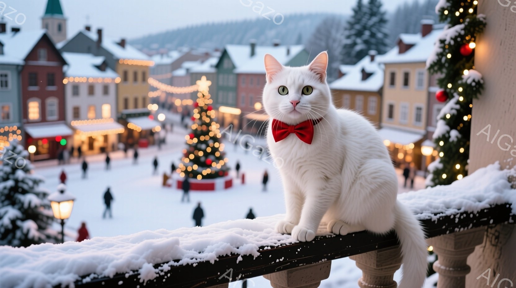 白い猫がクリスマスの飾り付けられた欄干に座り、赤い蝶ネクタイを締めてカメラを見つめている。背景には雪に覆われた街並みと、クリスマスツリーが飾られた賑やかな広場が広がり、冬の温かく幻想的な雰囲気を醸し出している。建物はカラフルで、遠くには雪をまとった山々が見える。