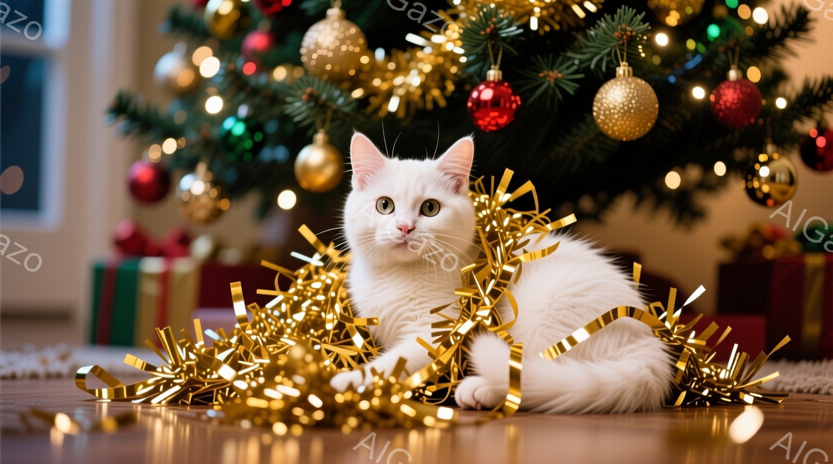 白い猫が、クリスマスツリーの周りの金色の飾り付けに絡まって横たわっています。猫は前足を伸ばし、リラックスした表情でカメラを見つめており、その周りにはプレゼントボックスが置かれています。背景にはキラキラ - AI生成フリー素材