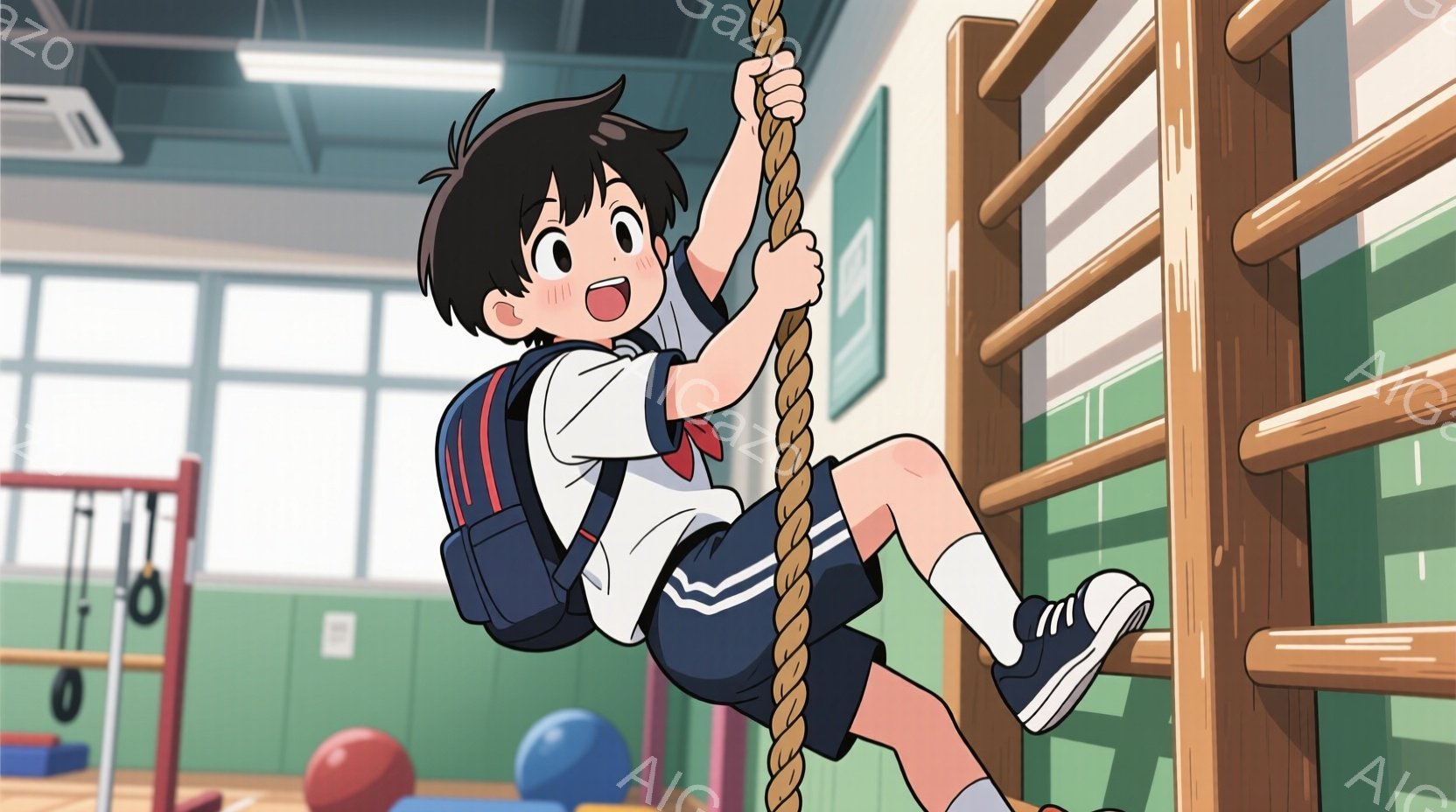 少年は体育館でロープを登っています。紺色のブレザー、白いシャツ、青い短パンという制服姿で、顔には力強い表情が浮かんでいます。背景には、青や赤のボール、鉄棒などが見え、体育館の明るい雰囲気が伝わってきます。
