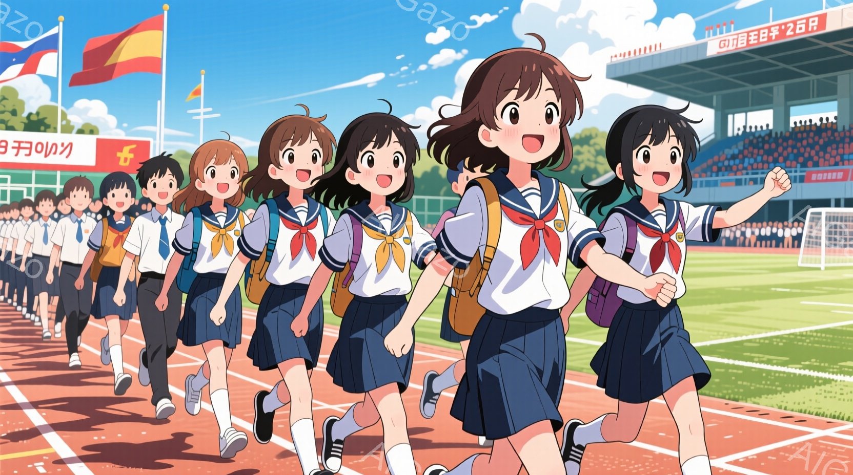 制服姿の女子高生たちが、運動場を元気に走り去っています。彼女たちはセーラー服にスカート、白いハイソックスを履き、それぞれ肩にリュックサックを背負っています。背景には、観客席や青空、そして雲が広がり、晴れた日の活気ある学校行事の雰囲気が漂っています。