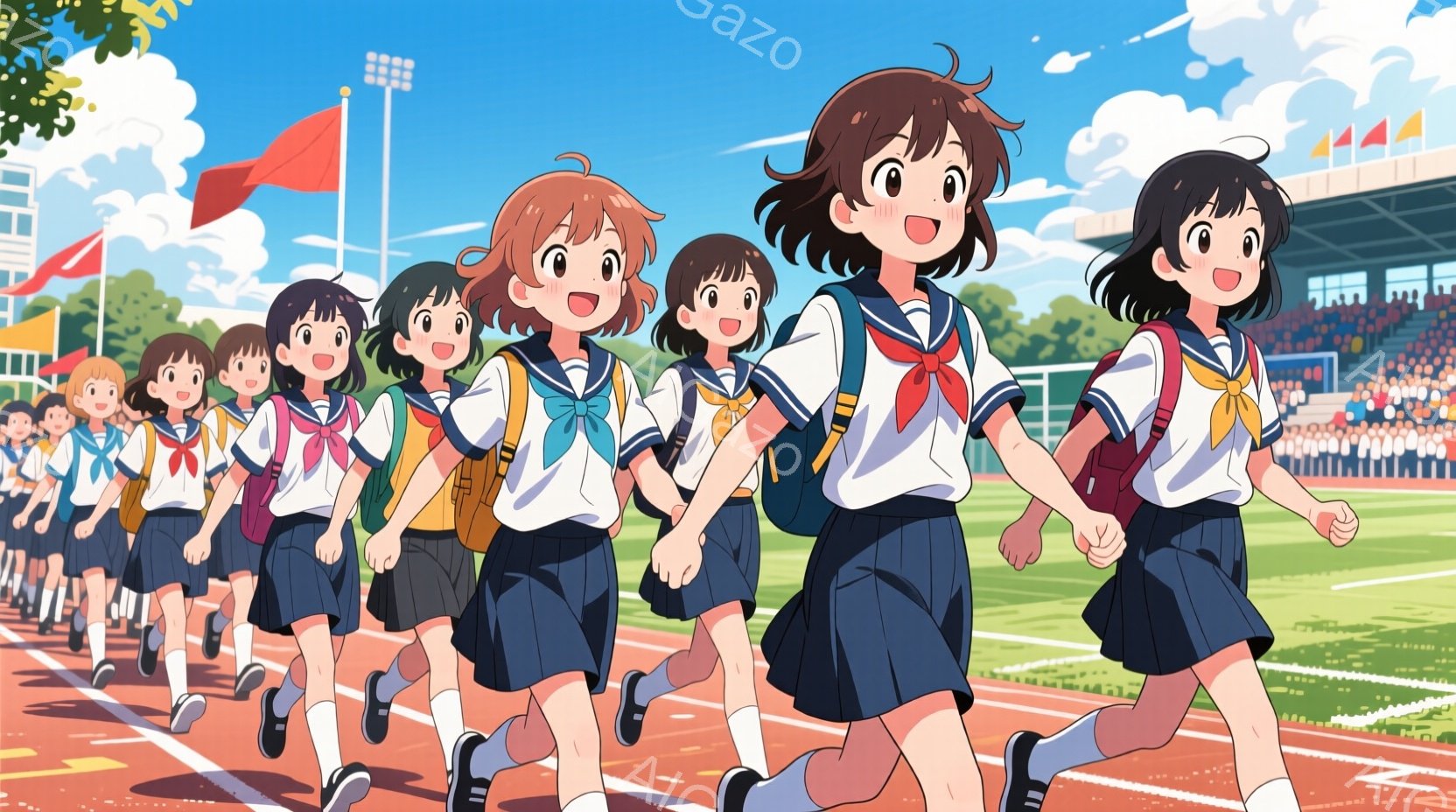 運動場で走る女子高生たちが描かれています。紺色のスカートと白いブラウス、リボンネクタイという制服姿で、皆笑顔で楽しそうにしています。背景には観客席と緑の木々、青空が広がり、明るく活気のある雰囲気が伝わ - AI生成フリー素材