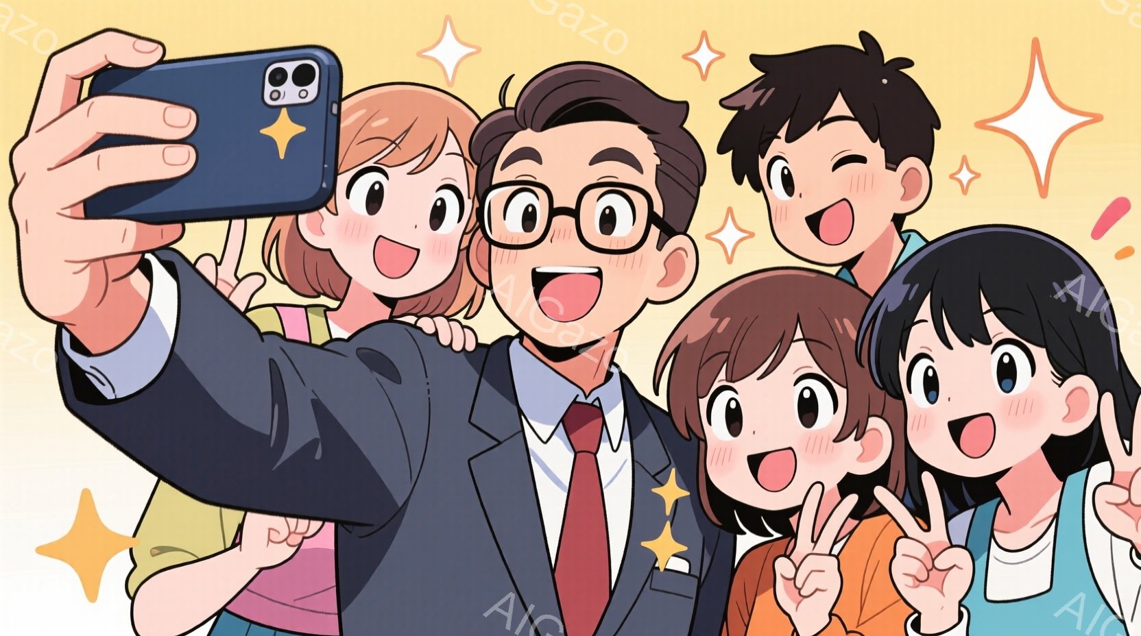 笑顔の家族が自撮り写真を撮っています。男性はスーツと赤いネクタイを着ており、眼鏡をかけています。子供たちはそれぞれ異なる色の服を着ており、皆楽しそうに笑い、ピースサインを出したり、頬を赤らめています。