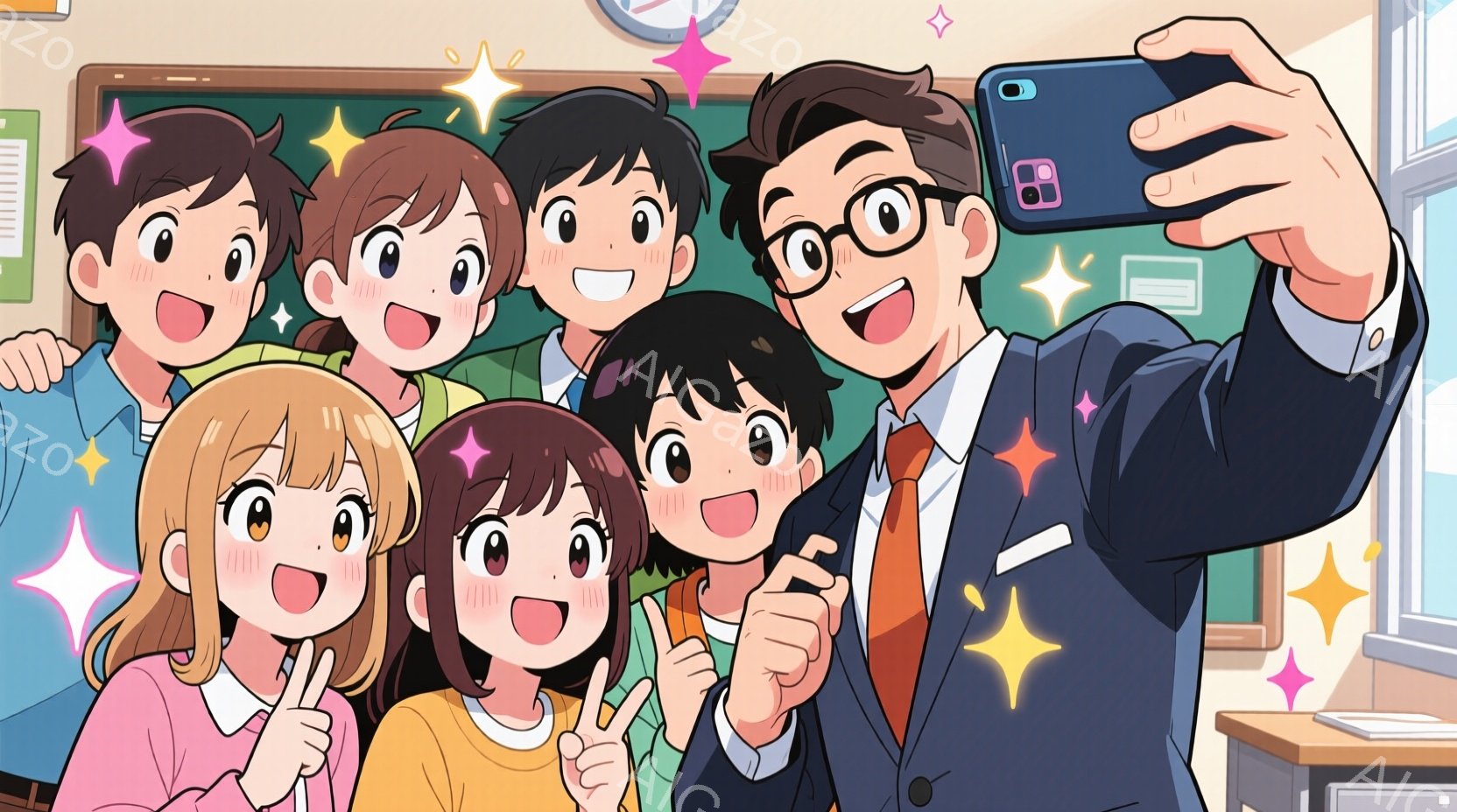 教室の壁を背景に、先生と生徒たちが集合写真をとっています。先生は黒縁メガネをかけ、紺色のスーツを着て、片手を上げて笑顔を浮かべています。生徒たちはそれぞれ明るい色の服を着ており、指でピースサインやサムズアップをして、楽しそうに笑っています。