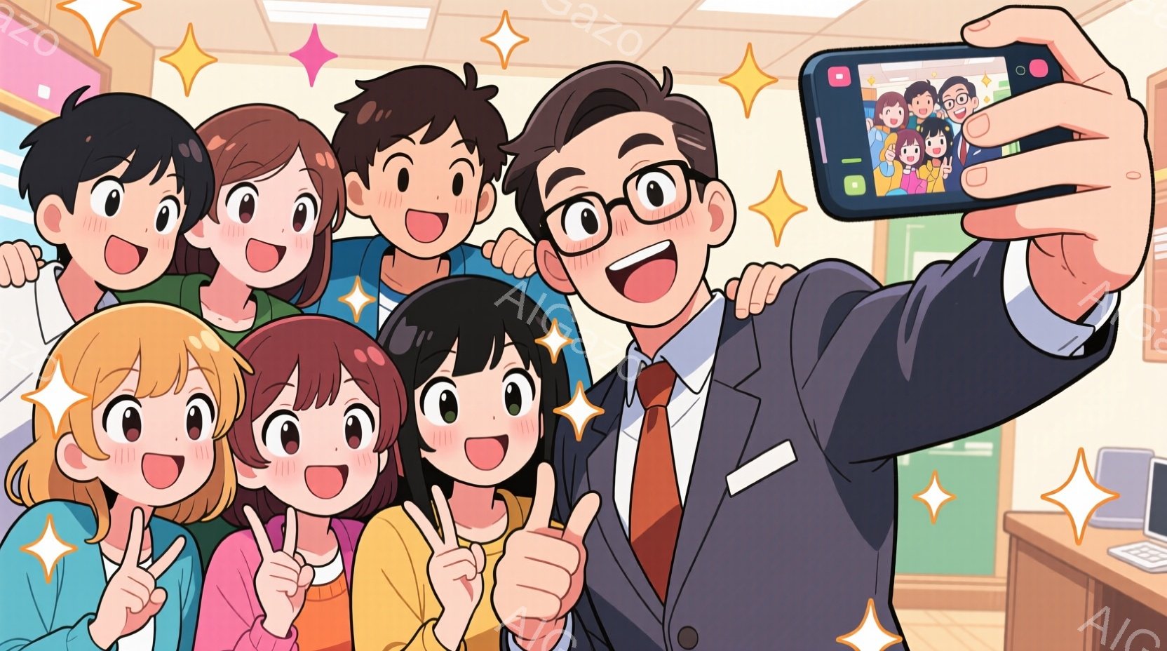 明るい笑顔を浮かべた人々が写っています。男性はスーツ姿で、子供たちはカラフルなカジュアルな服装で、皆で肩を寄せ合い、ピースサインや親指を立てて自撮りカメラに向かってポーズをとっています。背景はオフィスの一室で、机やコンピューターがあり、全体的に明るく活気のある雰囲気です。