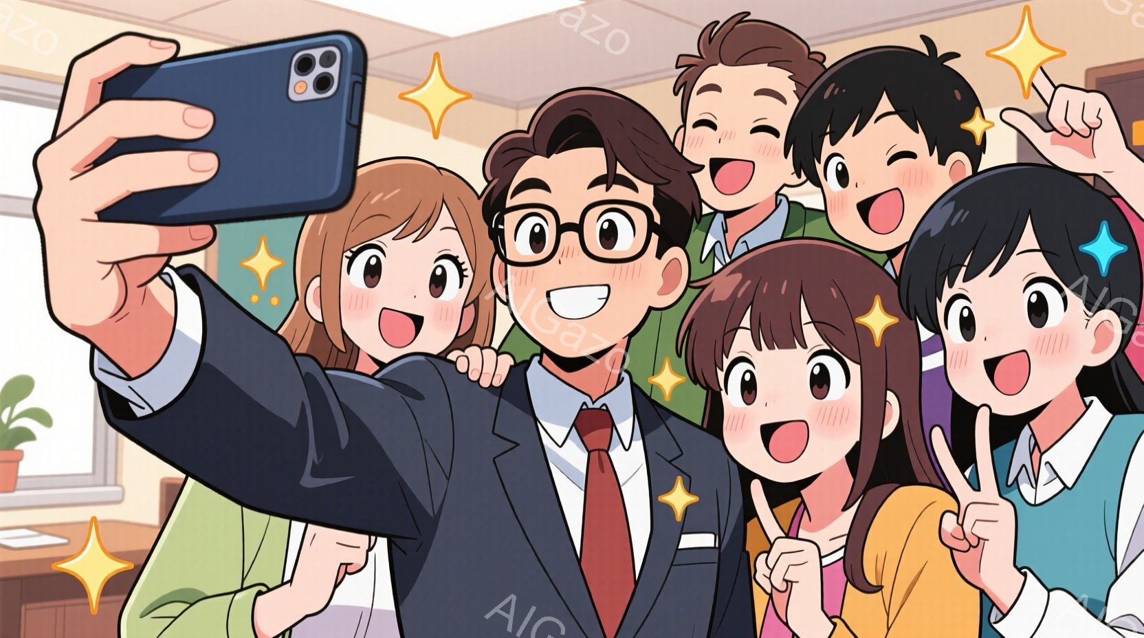 複数の若い女性と一人の男性が、スマートフォンでセルフィーを撮っています。男性はスーツとネクタイで正装し、笑顔を見せています。女性たちはそれぞれ異なる色のカジュアルな服装で、明るい表情でポーズをとってい - AI生成フリー素材