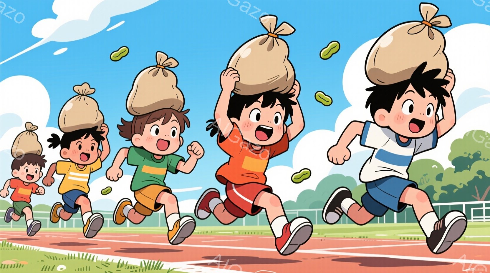 複数の子供たちが、頭の上に袋を乗せてトラックを走っています。彼らは皆、赤い頬と笑顔で、明るい色のシャツと青い短パンを着用しており、黒髪の短い髪型です。背景には緑の芝生、トラック、そしてぼやけた建物が見 - AI生成フリー素材