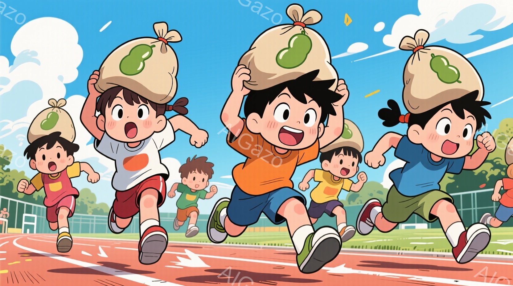 複数の子供たちがトラックを走っており、それぞれ頭の上に大きな袋を乗せています。彼らは皆、明るい色のTシャツと短パンを着ており、活発で興奮した表情をしています。背景にはトラック、青空、そして建物が見え、全体的にエネルギッシュで楽しい雰囲気が漂っています。