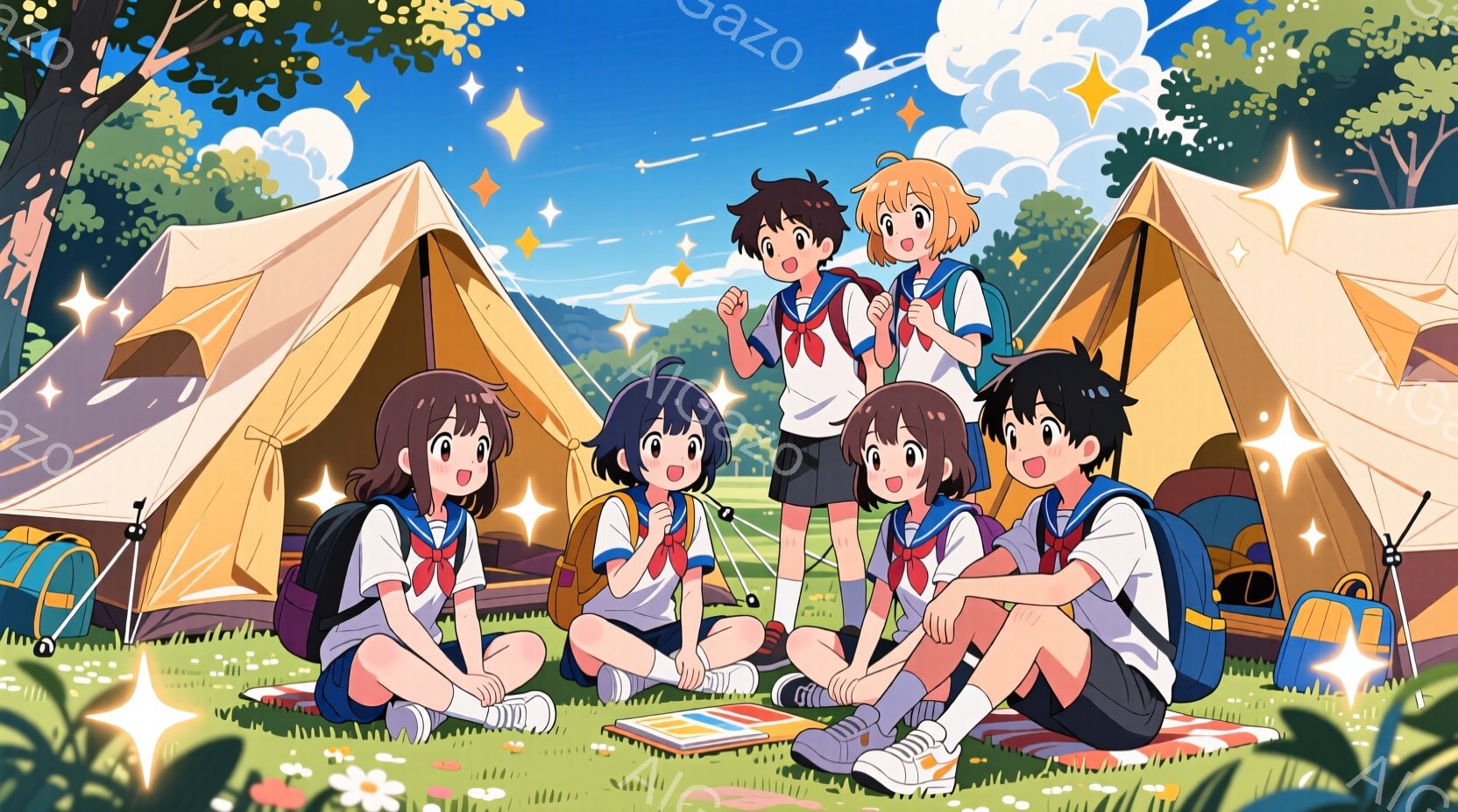 青空の下、緑の草原にテントが張られたキャンプ風景が描かれています。制服姿の男女５人が、楽しげな表情で座り込み、誰かが地図を広げています。背景には木々が生い茂り、太陽の光が差し込み、明るく爽やかな雰囲気が漂っています。