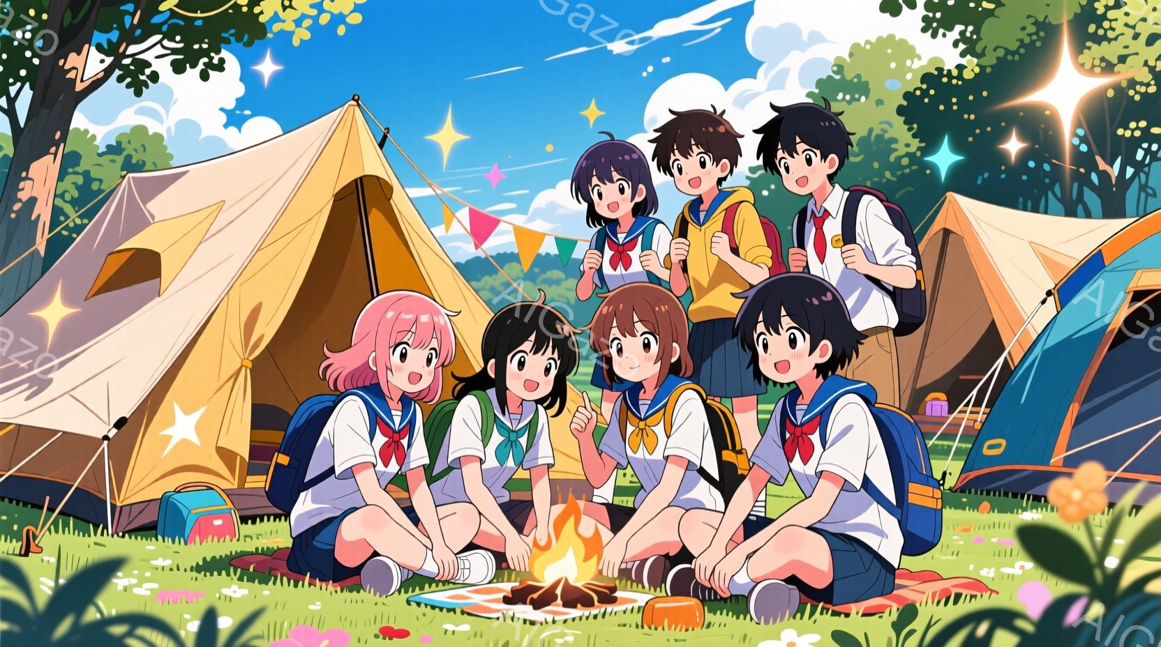 明るい緑の草原に、制服を着た男女がキャンプを楽しんでいる様子が描かれています。彼らは皆、白いシャツにネクタイ、紺色のスカートまたはズボンという学園生活の装いをしており、それぞれ笑顔を見せています。背景 - AI生成フリー素材