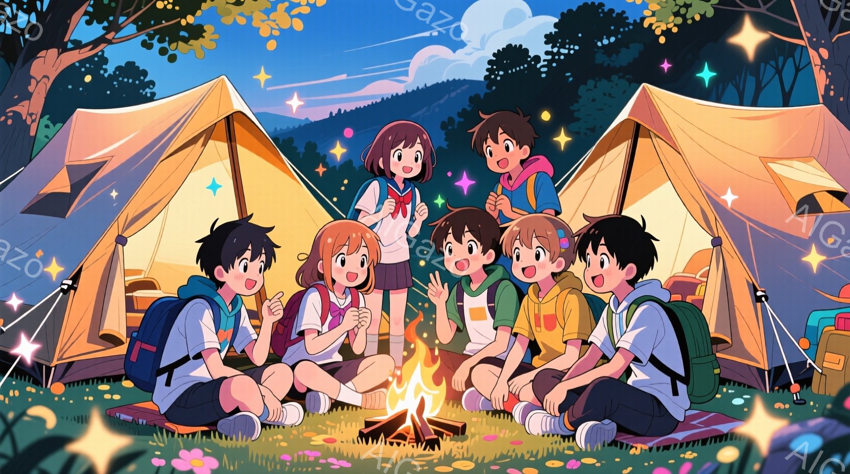 少年少女たちがキャンプファイヤーを囲んで座っているイラストです。制服姿の女の子や、リュックを背負った少年たち、皆笑顔で楽しそうにしています。背景にはテントが設置され、夜空には星が輝き、キャンプの温かい雰囲気が伝わってきます。