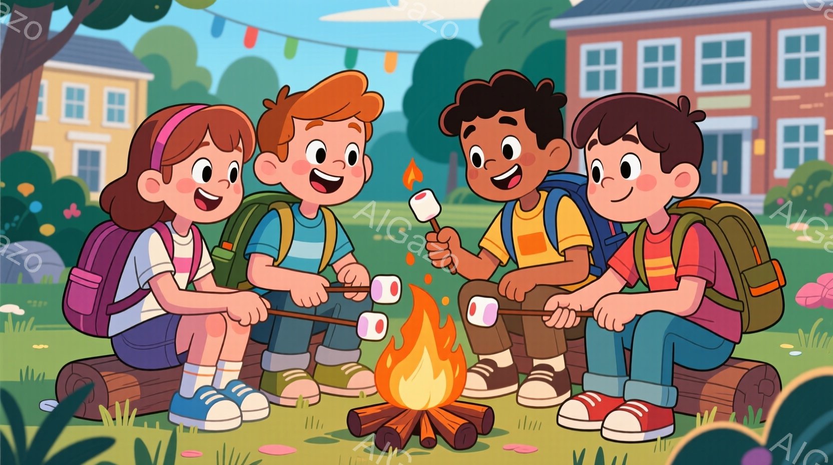4人の子供たちがキャンプファイヤーを囲んでマシュマロを焼いている様子が描かれている。それぞれリュックサックを背負い、カラフルな服を着ており、笑顔で楽しんでいるのがわかる。背景には緑の草地と木々、そして - AI生成フリー素材