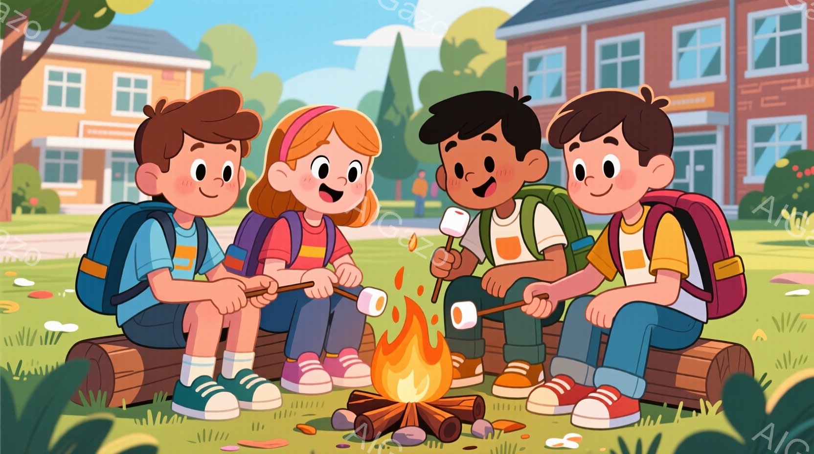 四人の子供たちが、丸太を囲んで焚き火を囲んでいる様子が描かれています。それぞれバックパックを背負い、カジュアルな服装で、明るい表情でマシュマロを焼いているようです。背景にはレンガ造りの建物と緑豊かな自 - AI生成フリー素材
