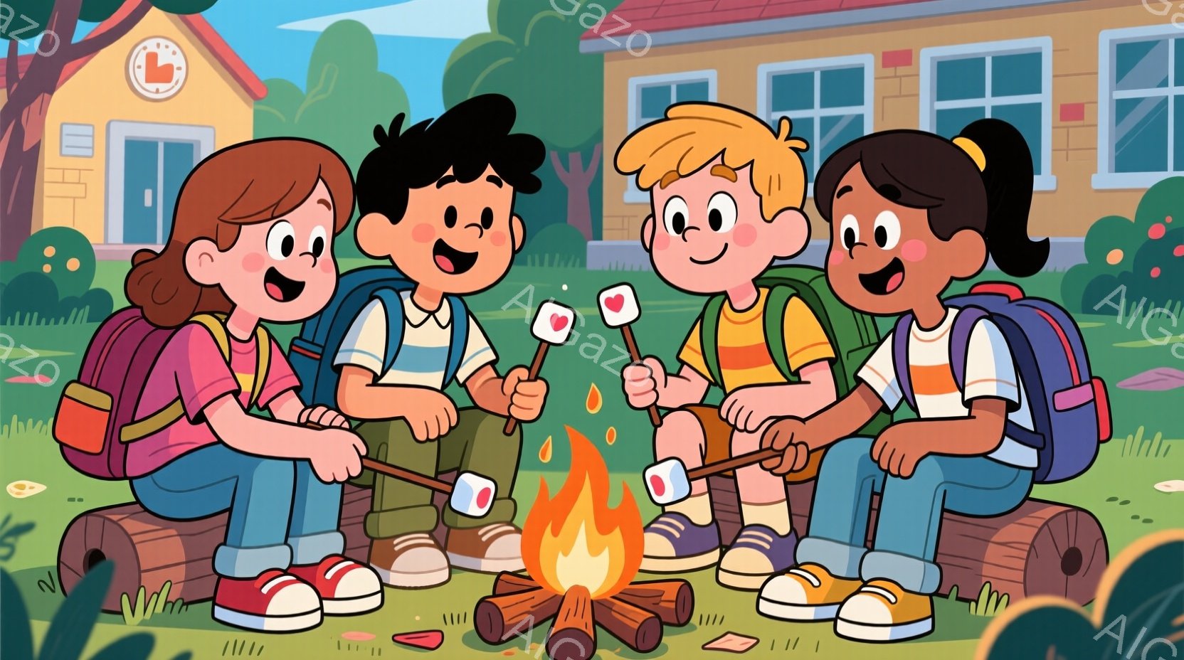 ４人の子供たちがキャンプファイヤーを囲んでマシュマロを焼いている様子が描かれている。それぞれバックパックを背負い、カジュアルな服装で、明るい笑顔を見せている。背景には緑の芝生、花、そして可愛らしい家が見え、晴れた日の楽しいキャンプの雰囲気が伝わってくる。