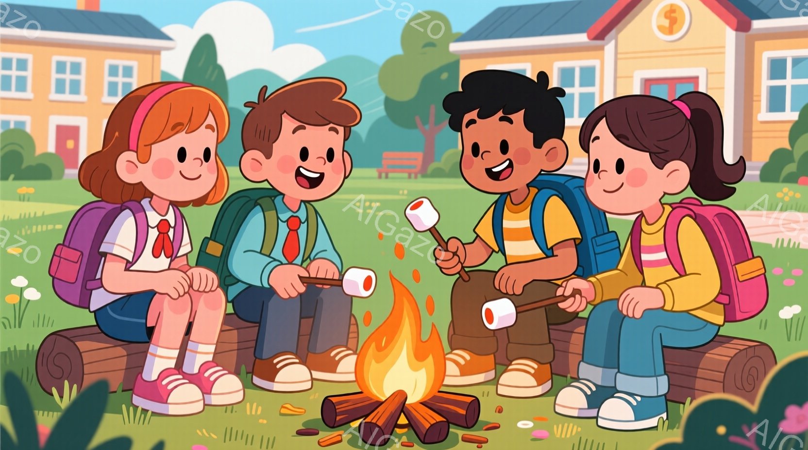 4人の子供たちがキャンプファイヤーを囲んでマシュマロを焼いている様子が描かれています。それぞれリュックサックを背負い、カジュアルな服装で、笑顔で楽しんでいるのがわかります。背景には緑の芝生、木々、そして可愛らしい建物があり、晴れた日の楽しいキャンプの雰囲気が伝わってきます。