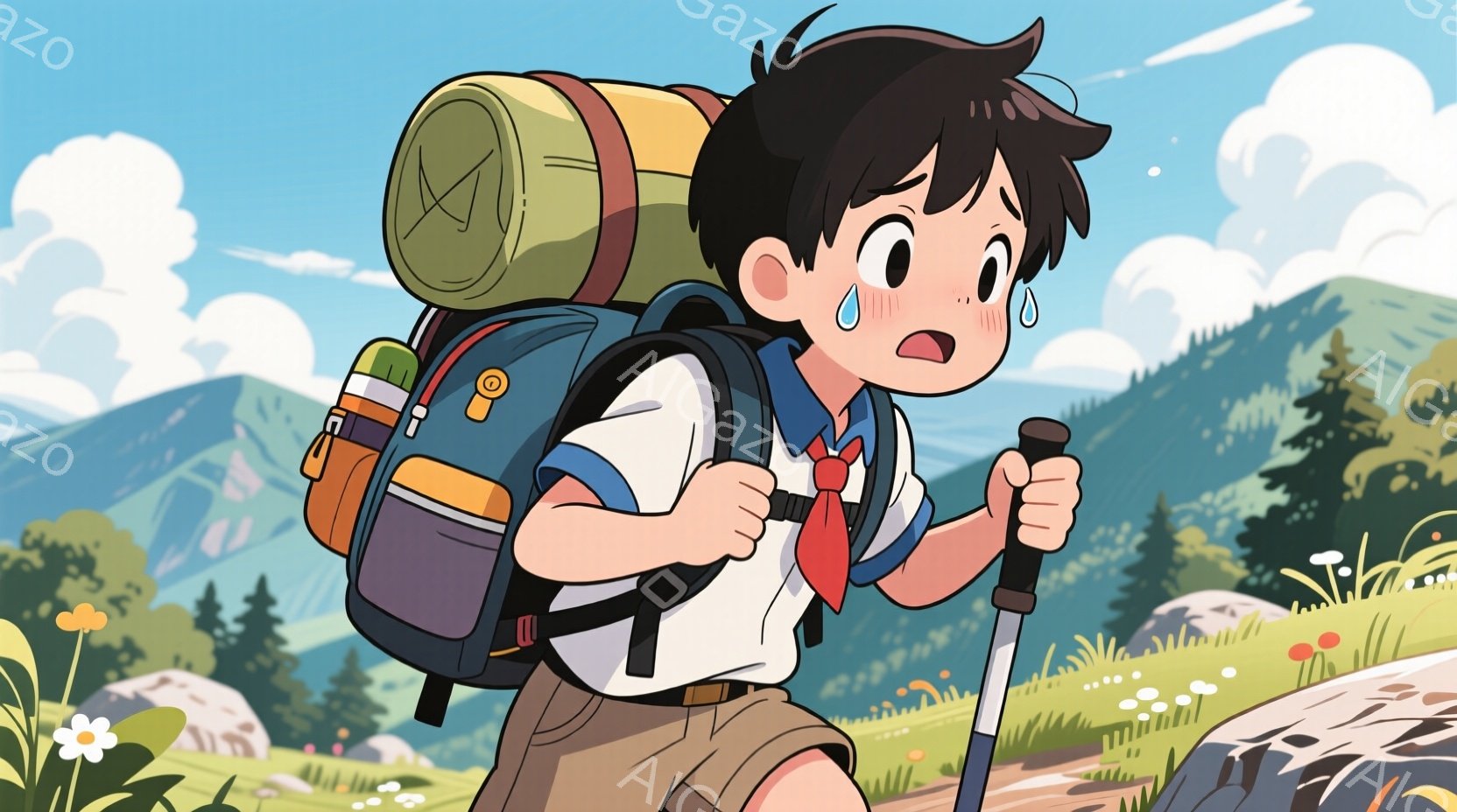 少年は大きなリュックサックを背負い、トレッキングポールを手にしながら険しい道を歩いている。彼はショートパンツと半袖のシャツを着ており、首にはスカーフを巻いている。背景には緑豊かな山々と草原が広がり、晴天の下、活気があり、少し疲れた雰囲気が漂っている。