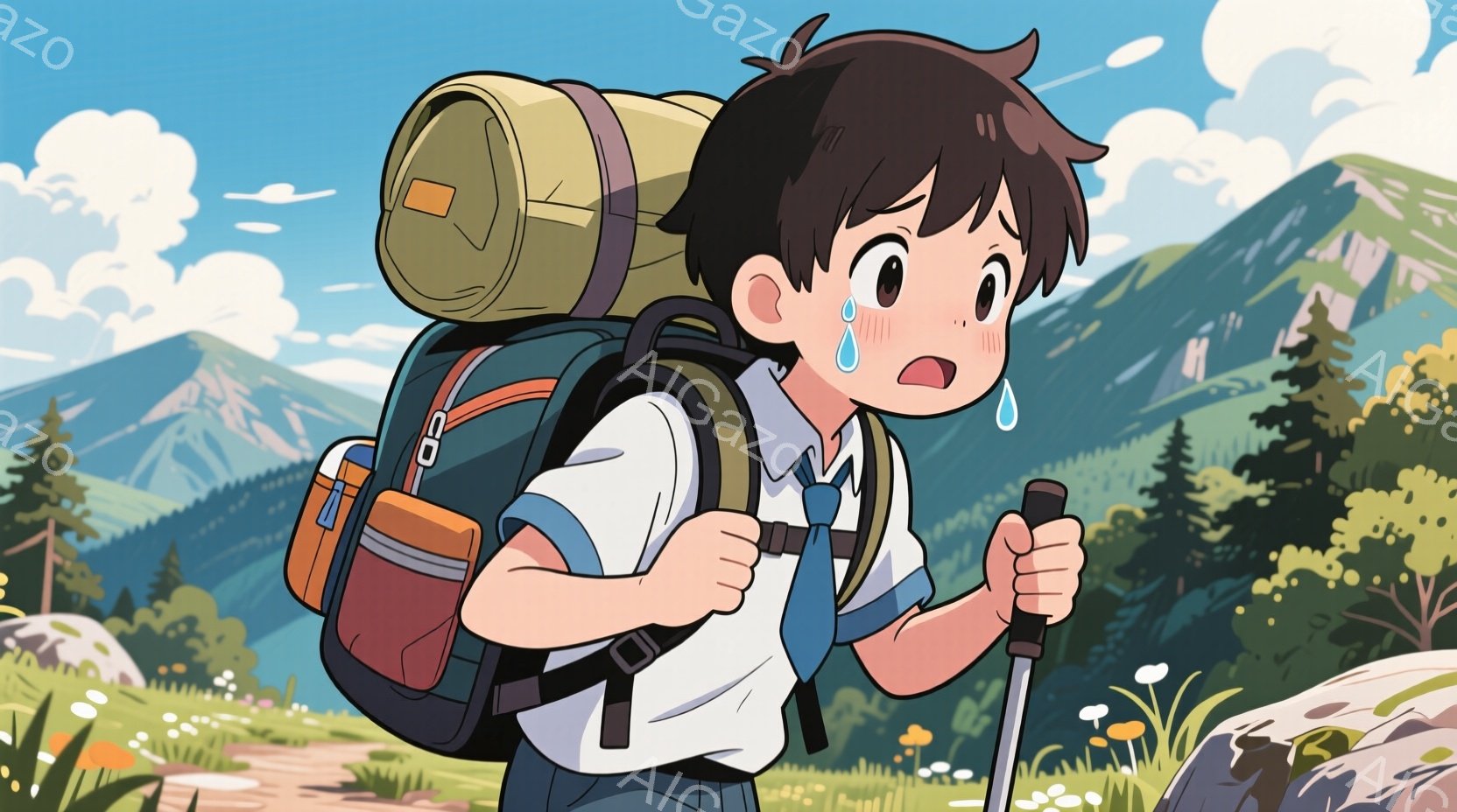 見上げるように少年が描かれており、大きなリュックサックとトレッキングポールを装備しています。彼は白いシャツにネクタイ、短パン姿で、額には汗が光り、少し疲れた表情をしています。背景には緑豊かな山々が広がり、晴れた空と穏やかな天候が、彼がハイキングをしている状況を表しています。
