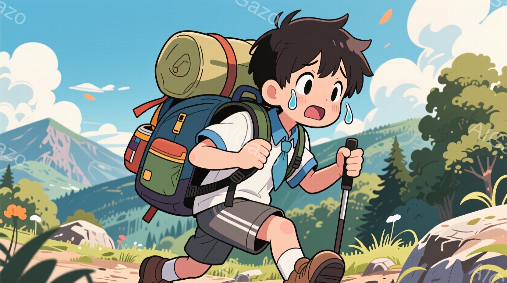 茶髪の少年が大きなリュックサックを背負い、険しい山道を駆け上がっている。汗をかき、息を切らした表情をしており、紺色のブレザー、白いシャツ、短いズボンという制服姿である。背景には緑豊かな山々と青空が広がり、天候は晴れで、どこか懐かしい雰囲気を感じさせる。