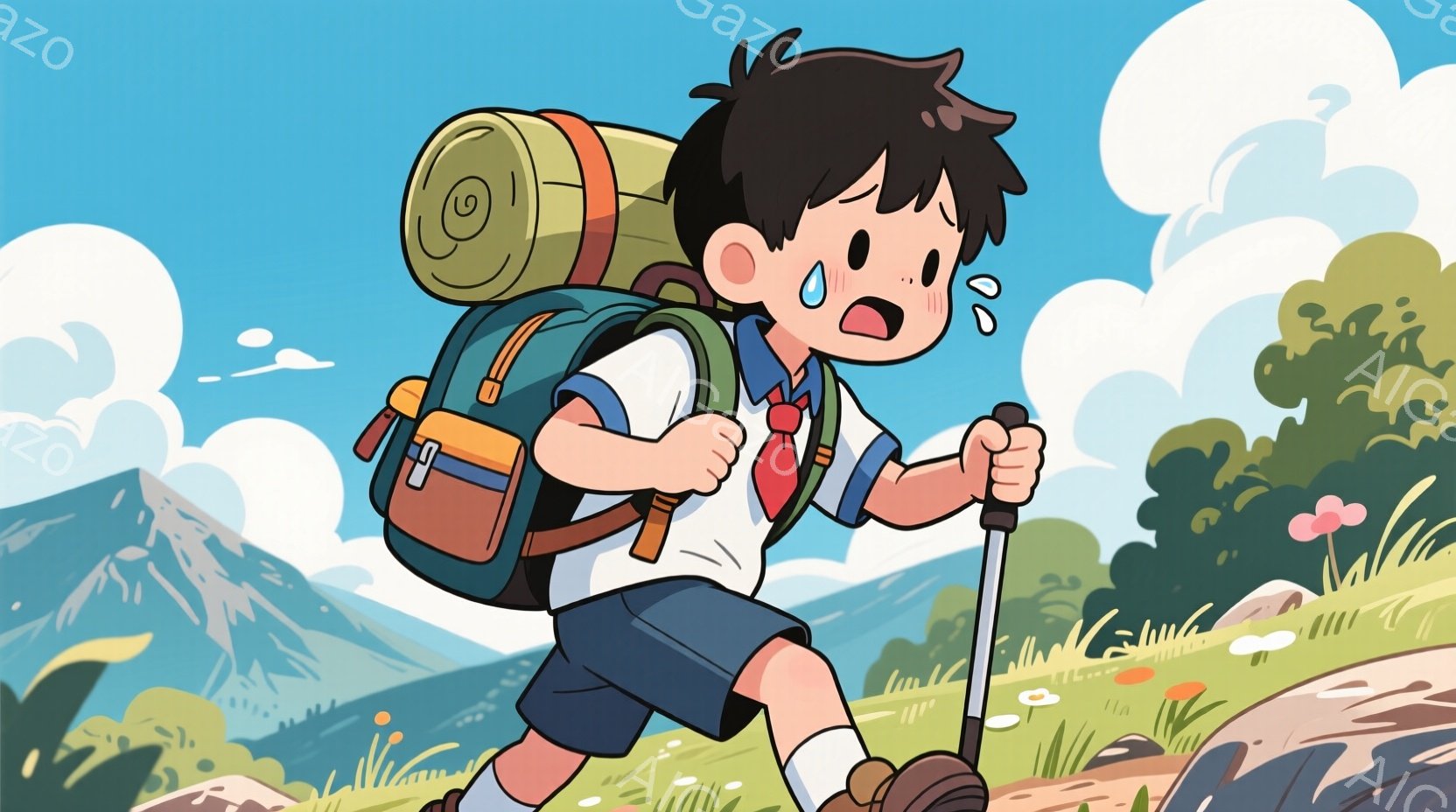 茶髪の少年が登山をしている様子が描かれています。彼は制服姿で、大きなリュックサックと登山杖を持っています。背景には山々が広がり、緑豊かな草原と空には白い雲が浮かび、少し疲れた表情で険しい道のりを歩いて - AI生成フリー素材