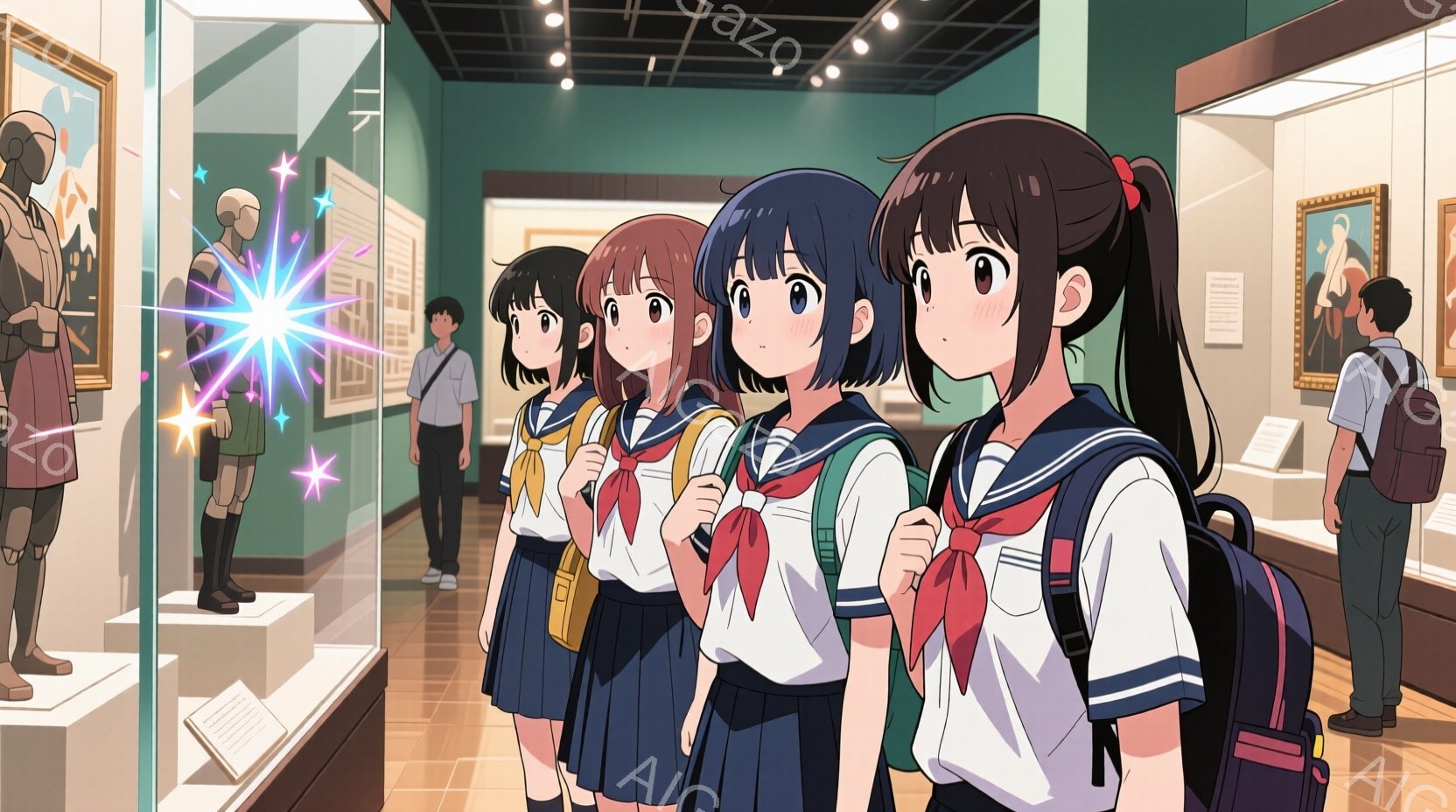 博物館の展示物を見ている制服姿の女子高生たちが描かれています。彼女たちは皆、紺色のブレザーに白いシャツ、赤いネクタイとスカートを身につけ、肩にリュックサックを背負っています。展示物の前で興味津々な表情で立ち尽くし、集中して鑑賞している様子が伝わってきます。